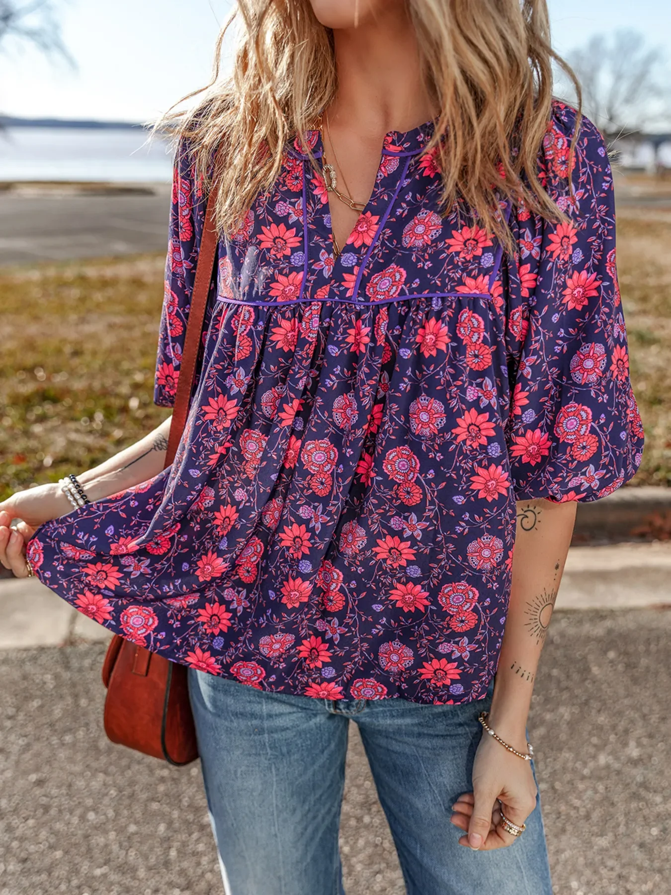 Floral Half Sleeve Split Neck Blouse Top - Image 3