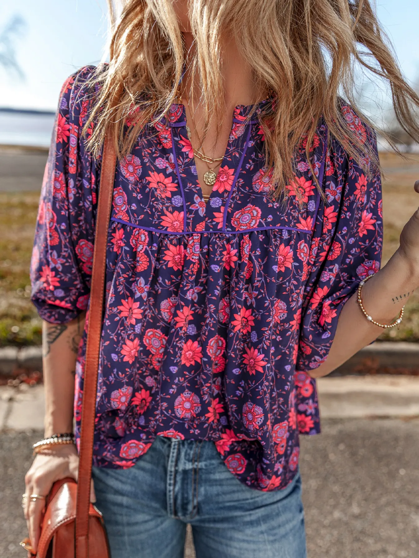 Floral Half Sleeve Split Neck Blouse Top - Image 5