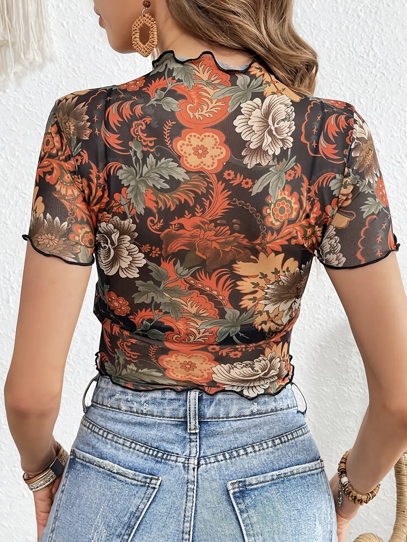 Floral Mesh Crop Top with Lettuce Trim - Image 6
