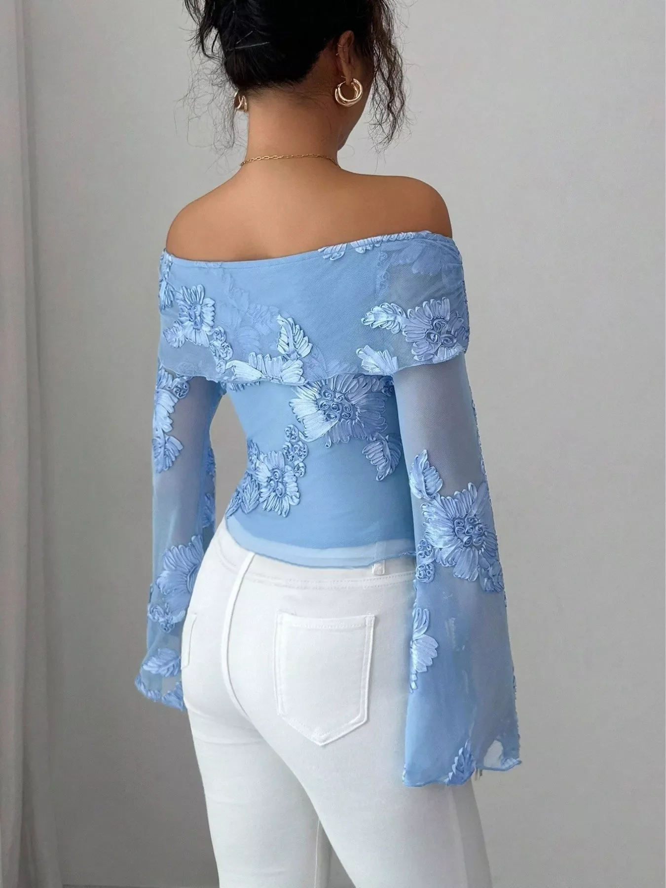 Floral Off-Shoulder Mesh Blouse - Image 2