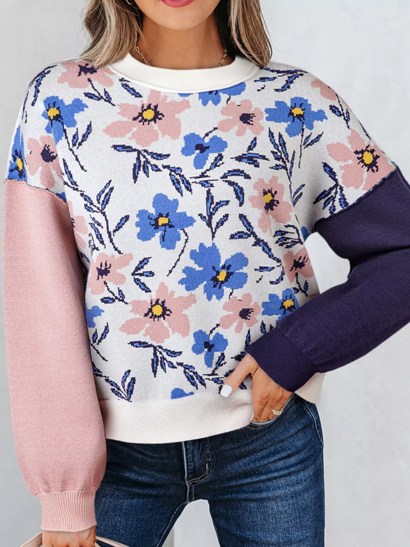 Floral Panel Colorblock Sleeve Patchwork Sweater