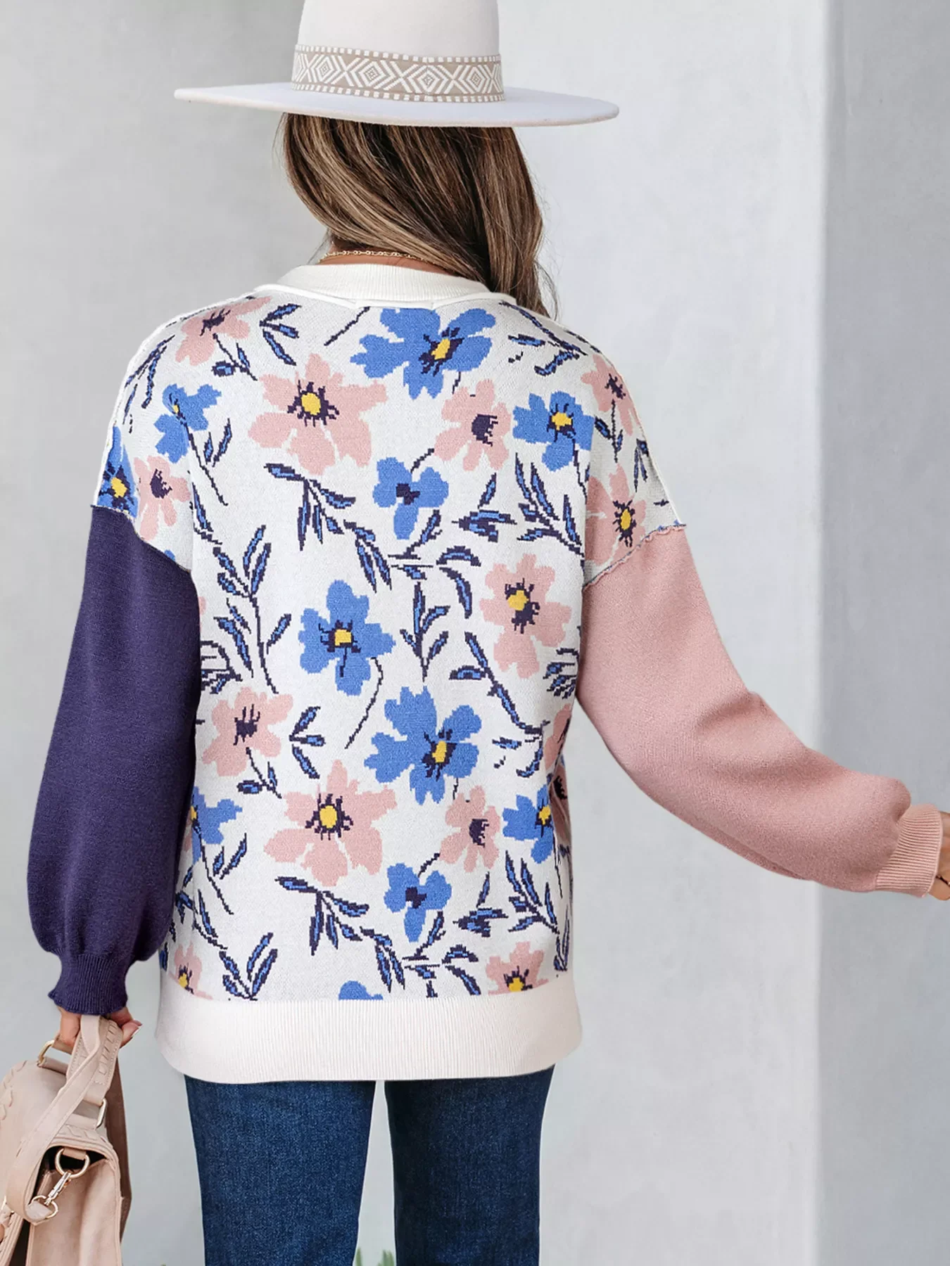 Floral Panel Colorblock Sleeve Patchwork Sweater - Image 2