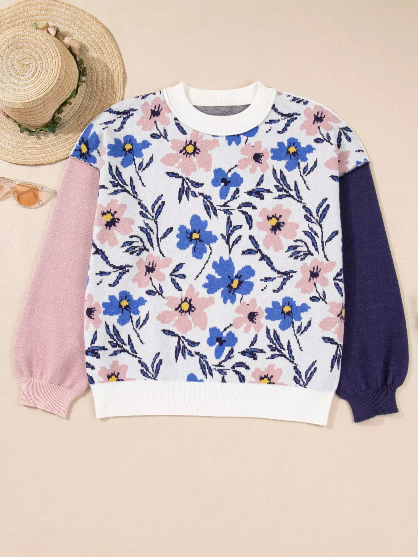 Floral Panel Colorblock Sleeve Patchwork Sweater - Image 3