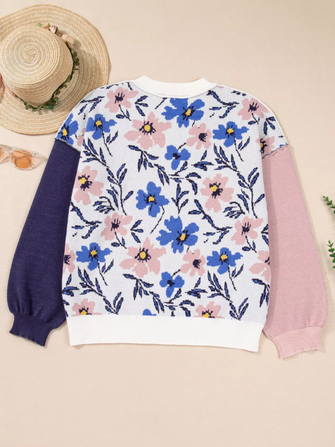 Floral Panel Colorblock Sleeve Patchwork Sweater - Image 4