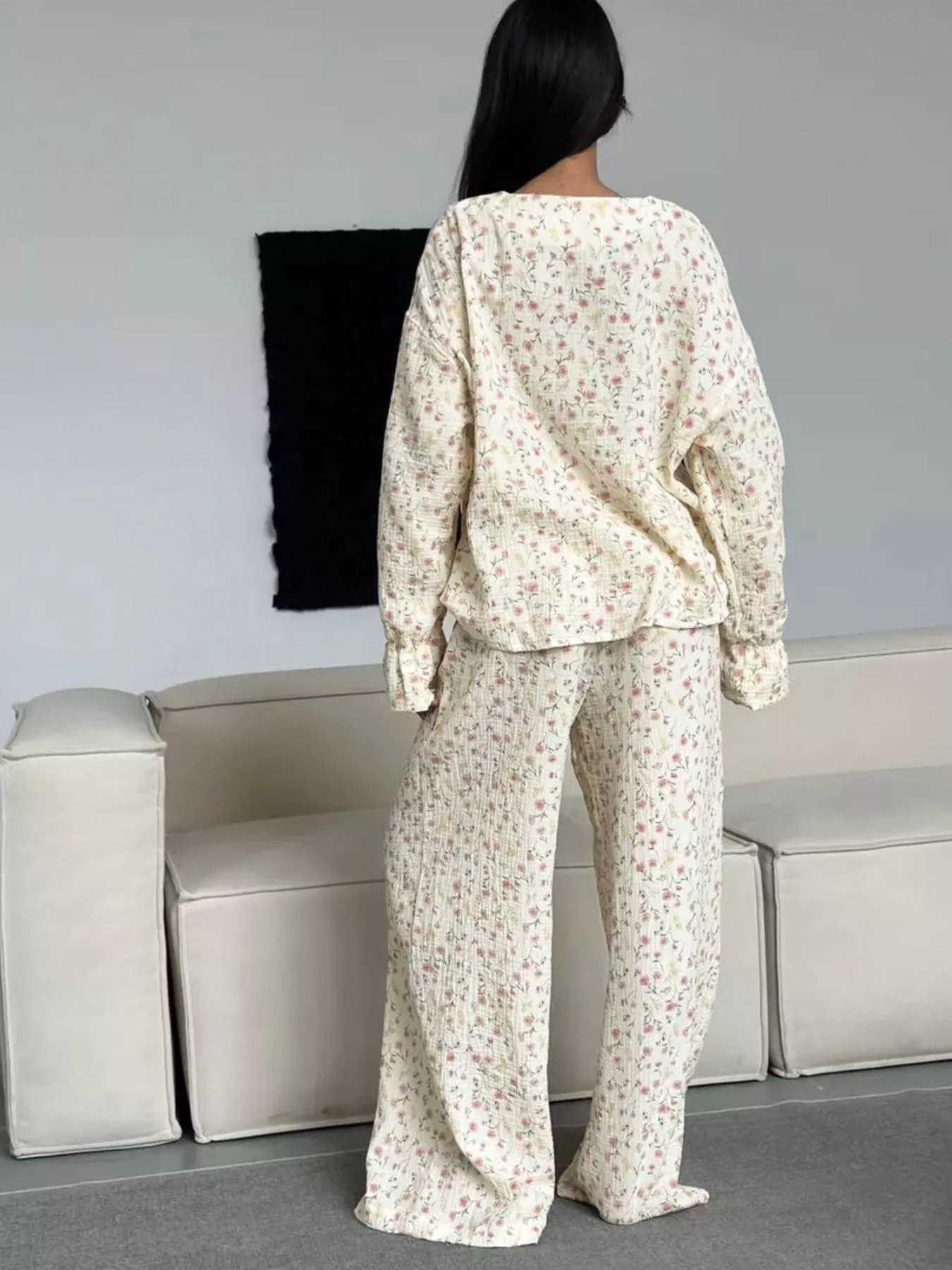 Floral Print Button-Down Top and Pants Lounge Set - Image 2