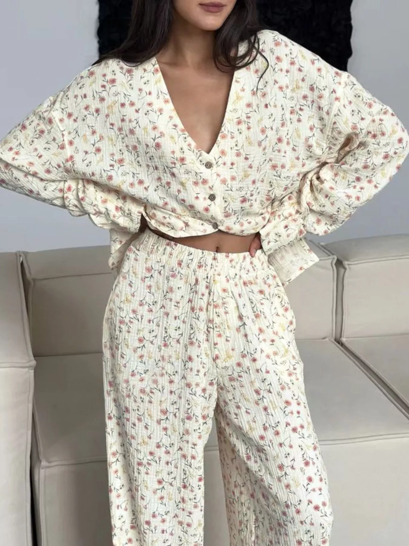 Floral Print Button-Down Top and Pants Lounge Set - Image 4