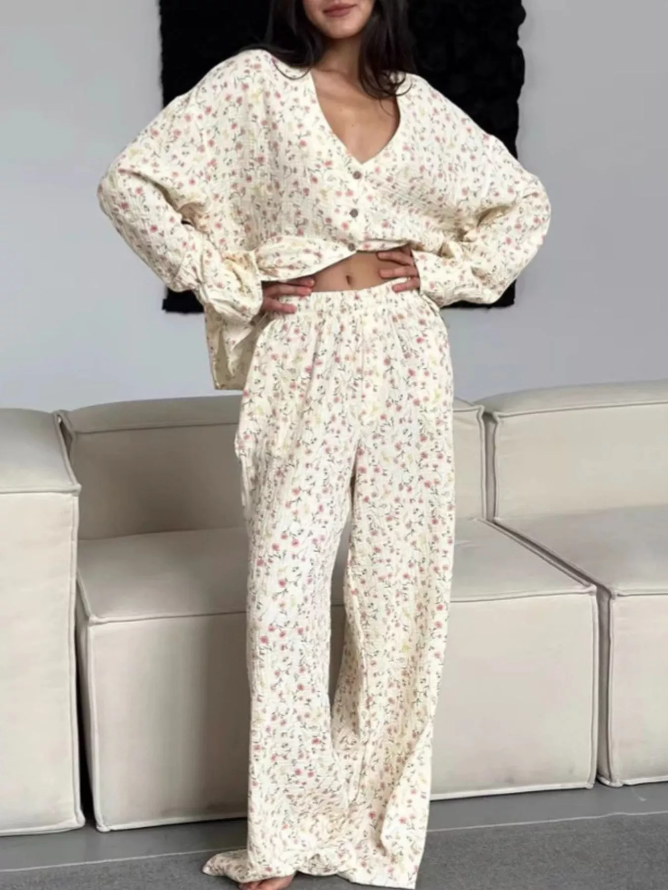 Floral Print Button-Down Top and Pants Lounge Set - Image 5