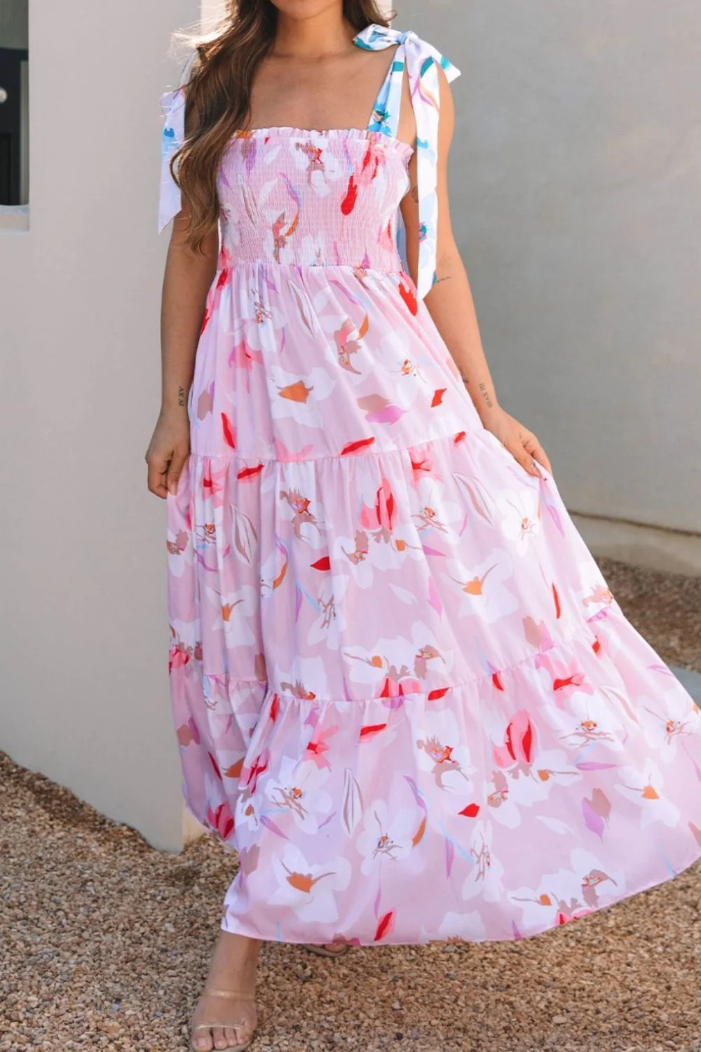 Floral Print Knotted Shoulder Smocked Maxi Dress - Image 2