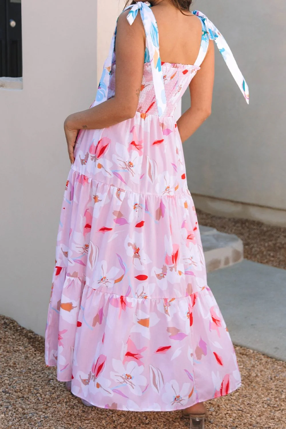Floral Print Knotted Shoulder Smocked Maxi Dress - Image 3