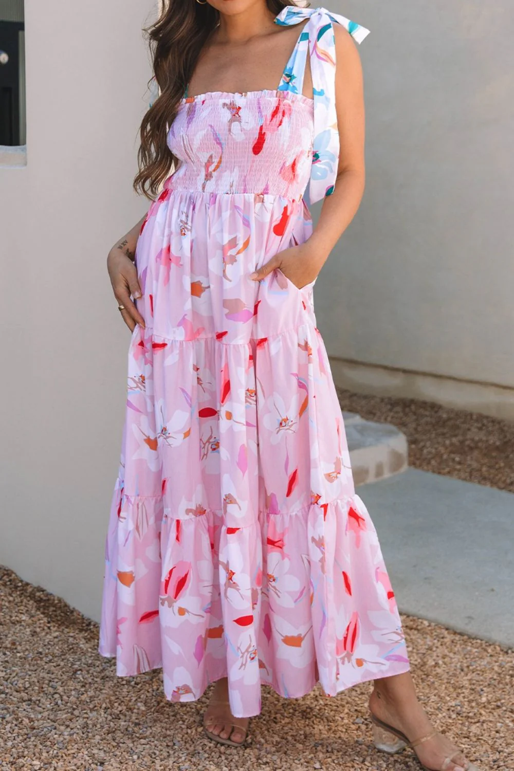 Floral Print Knotted Shoulder Smocked Maxi Dress - Image 4
