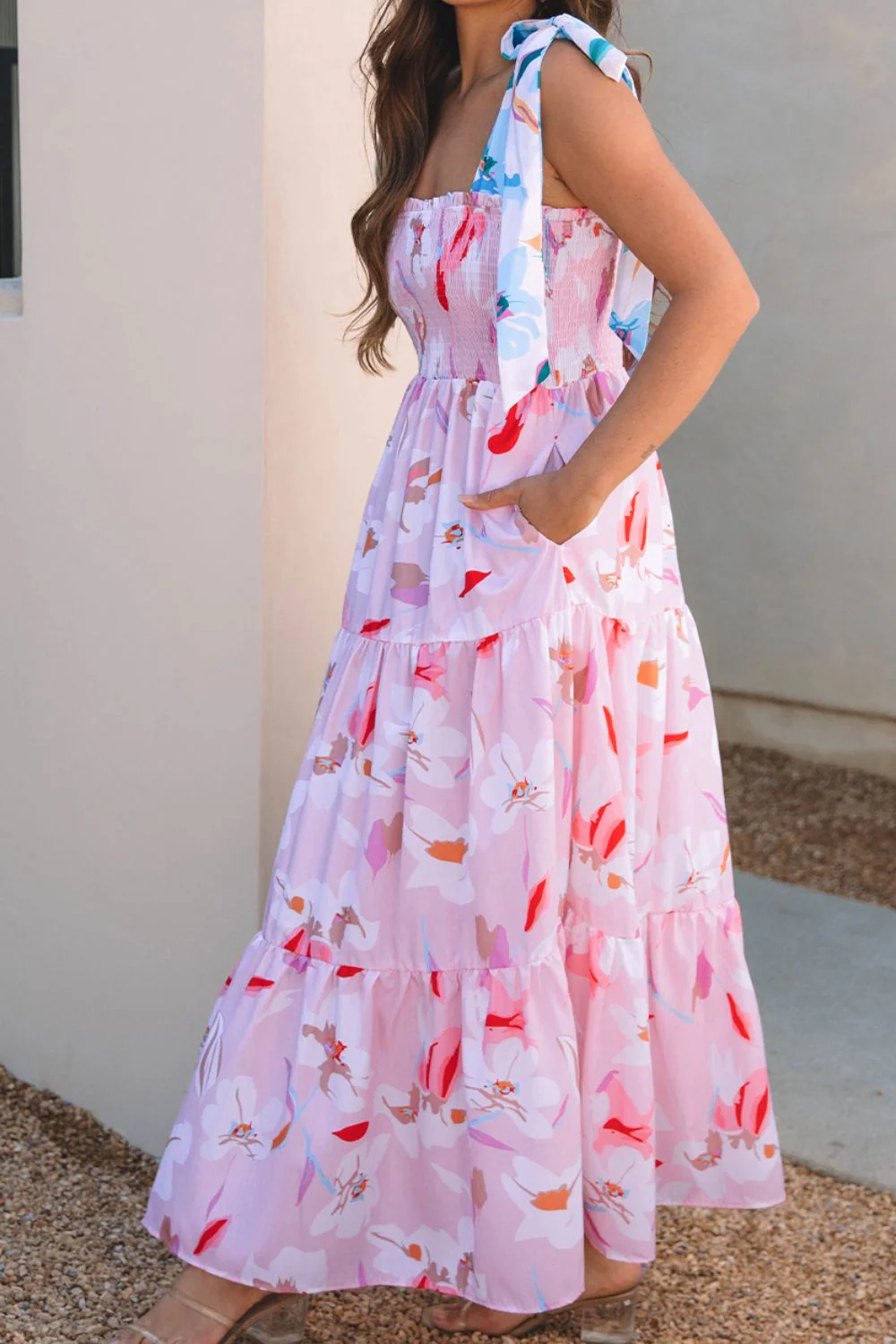 Floral Print Knotted Shoulder Smocked Maxi Dress - Image 6