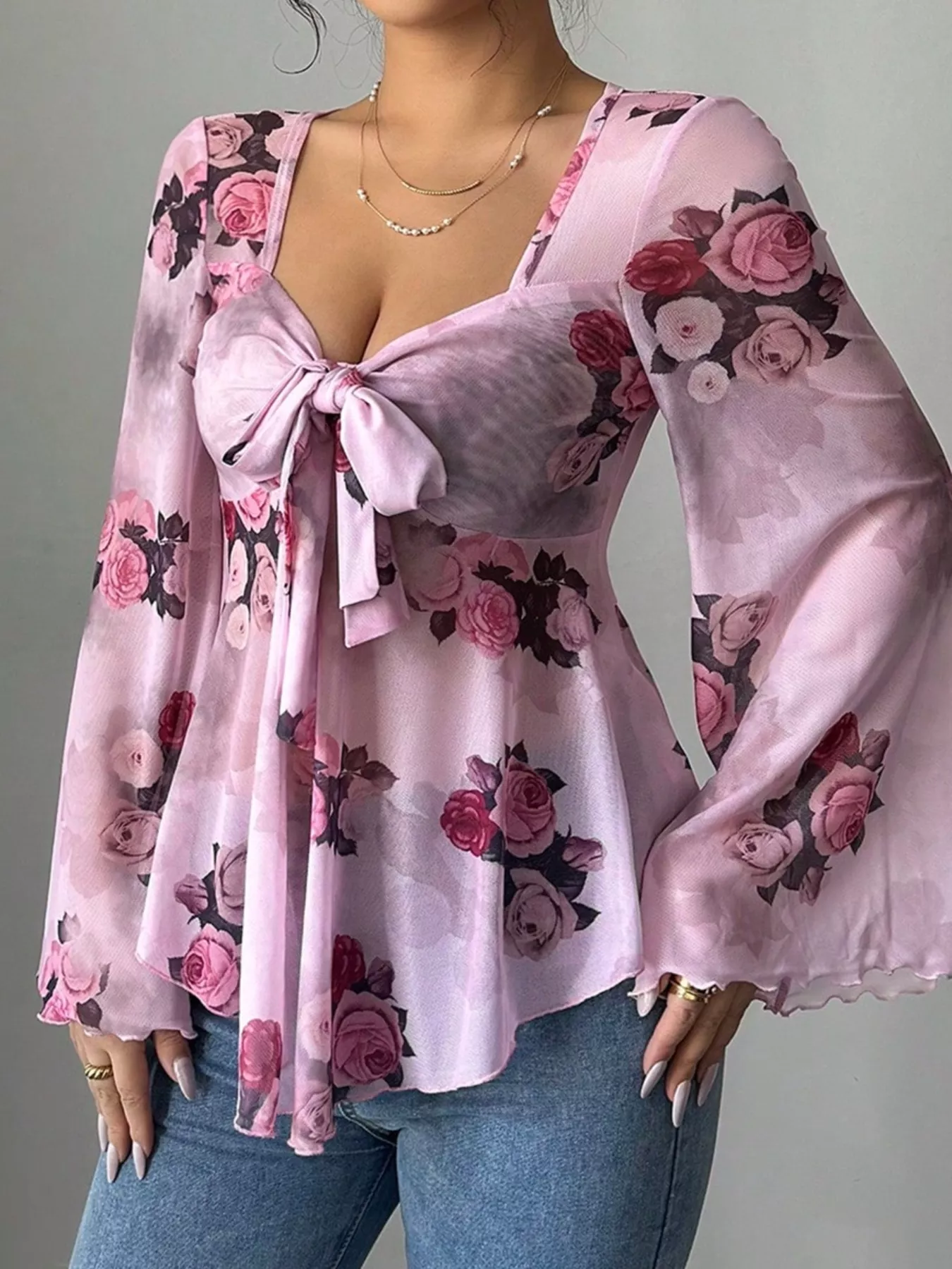 Floral Print Tie Front Flare Sleeve Blouse - Image 5