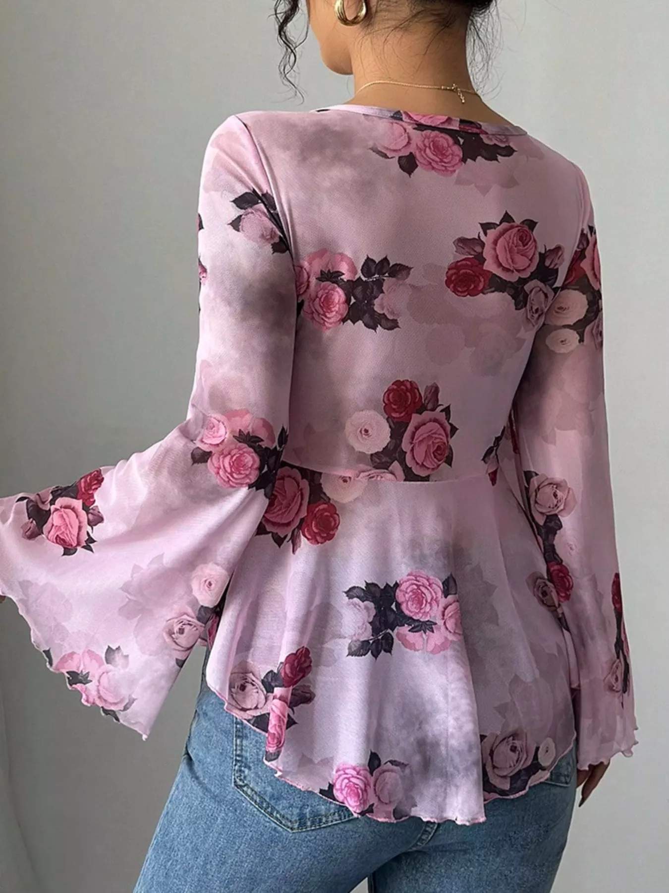 Floral Print Tie Front Flare Sleeve Blouse - Image 7