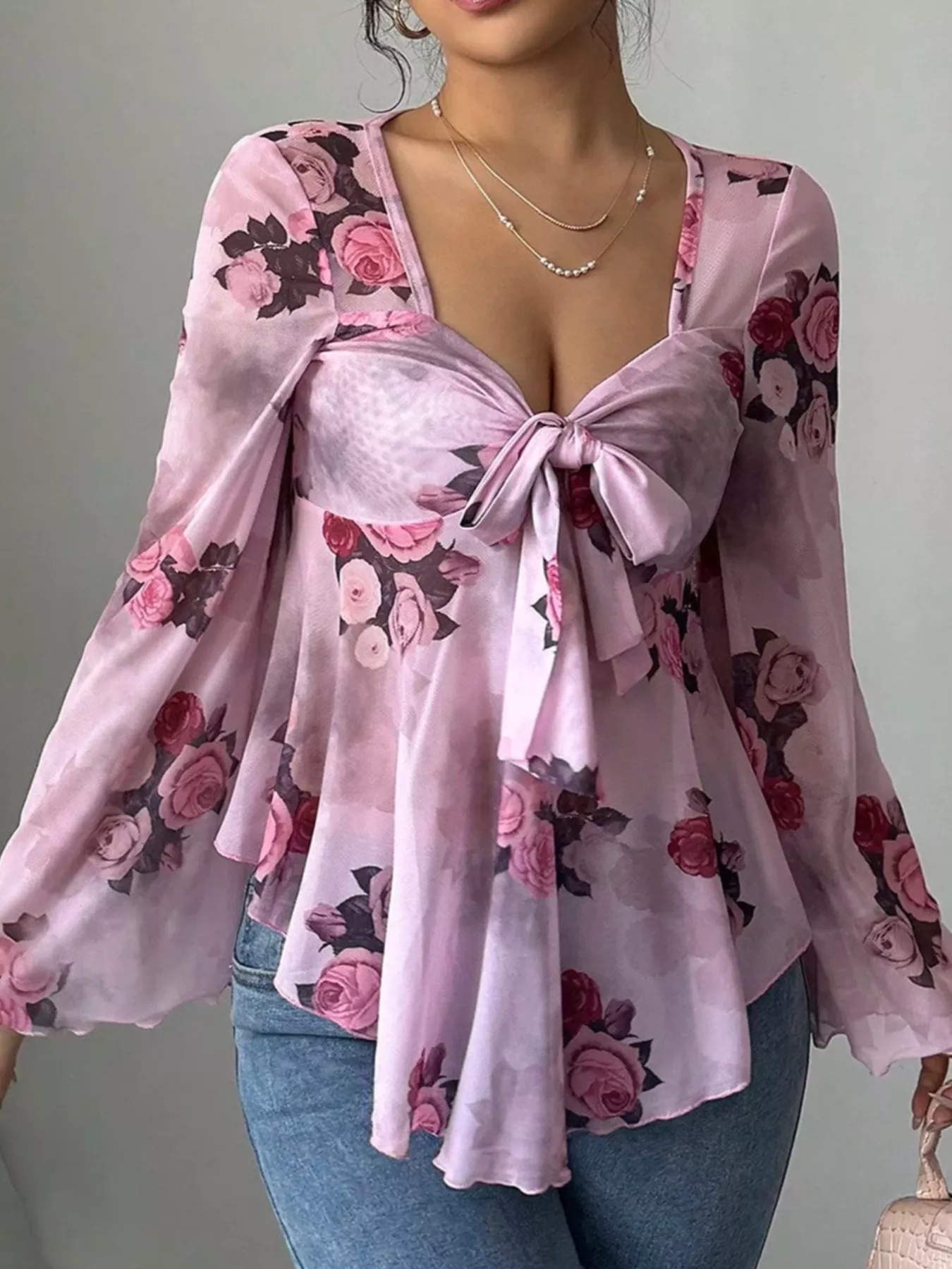 Floral Print Tie Front Flare Sleeve Blouse - Image 8