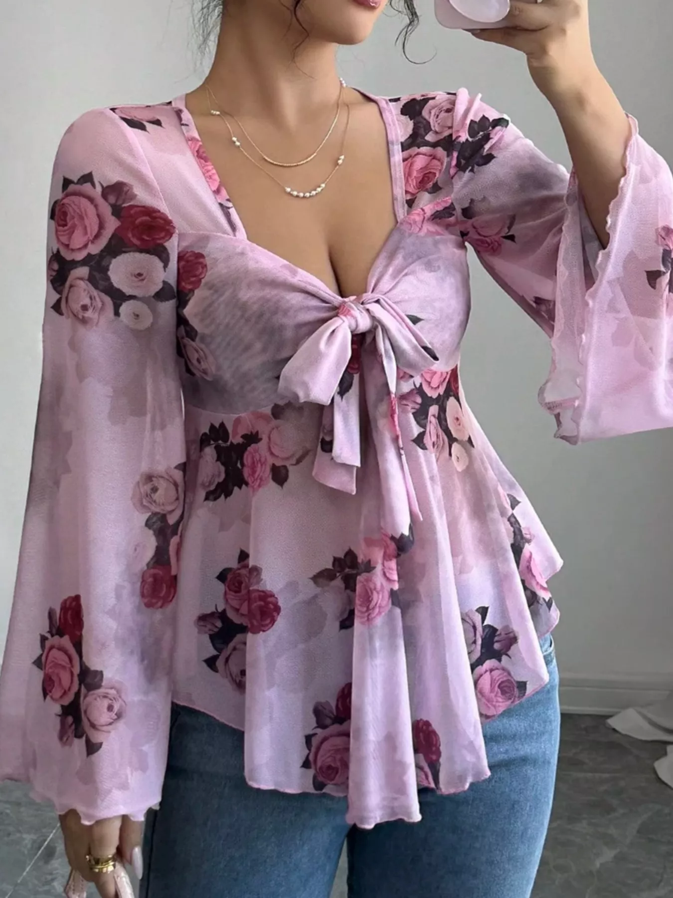 Floral Print Tie Front Flare Sleeve Blouse - Image 9