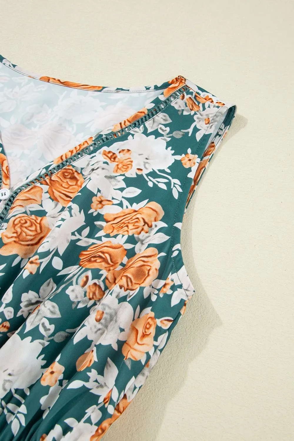 Floral Print Trimmed V Neck Tie Waist Sleeveless Dress - Image 10