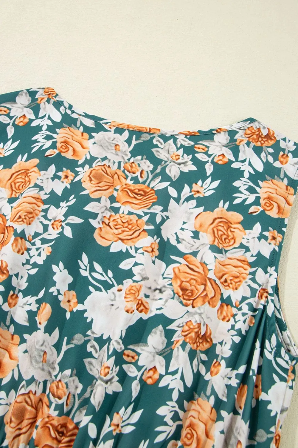 Floral Print Trimmed V Neck Tie Waist Sleeveless Dress - Image 11