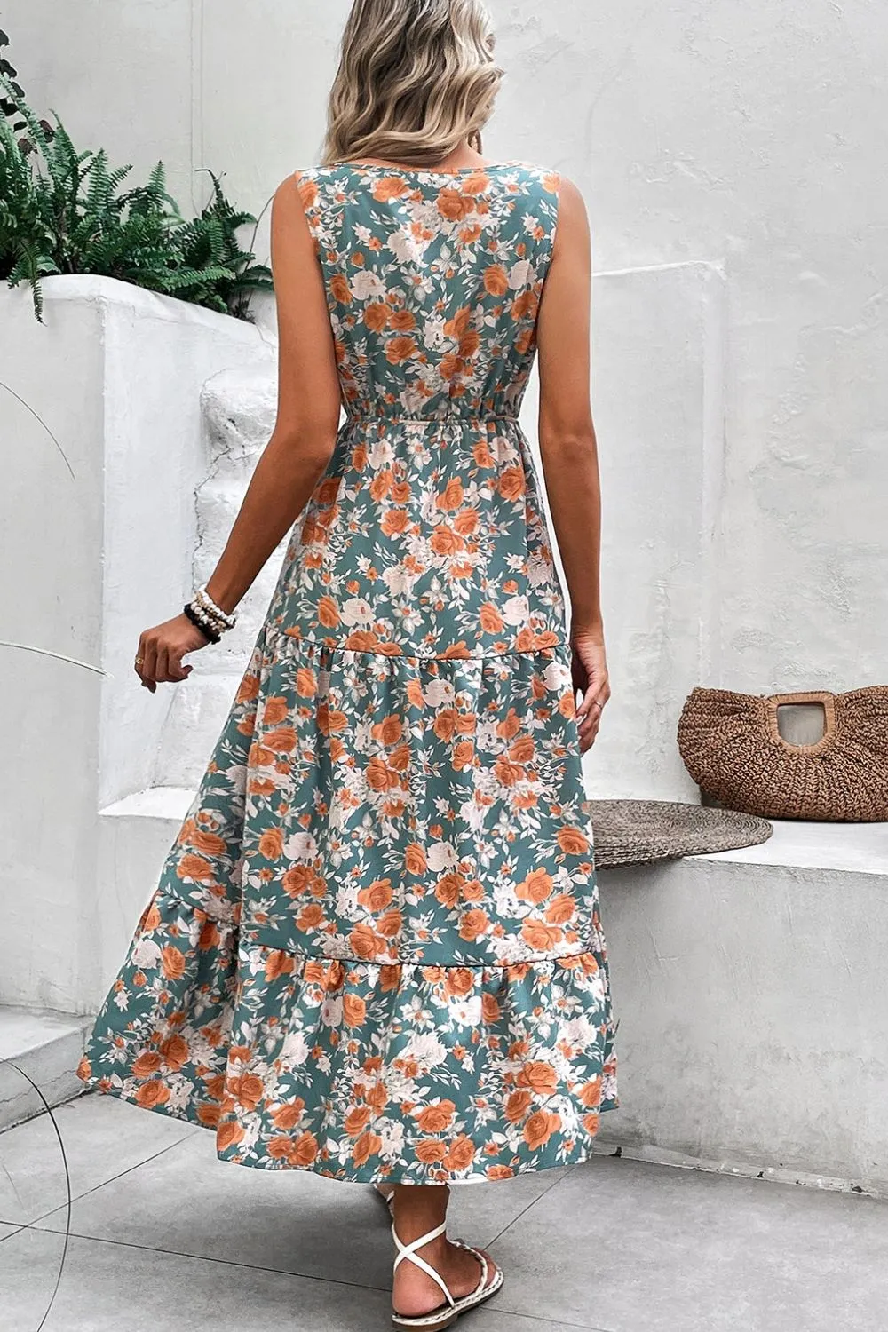Floral Print Trimmed V Neck Tie Waist Sleeveless Dress - Image 2