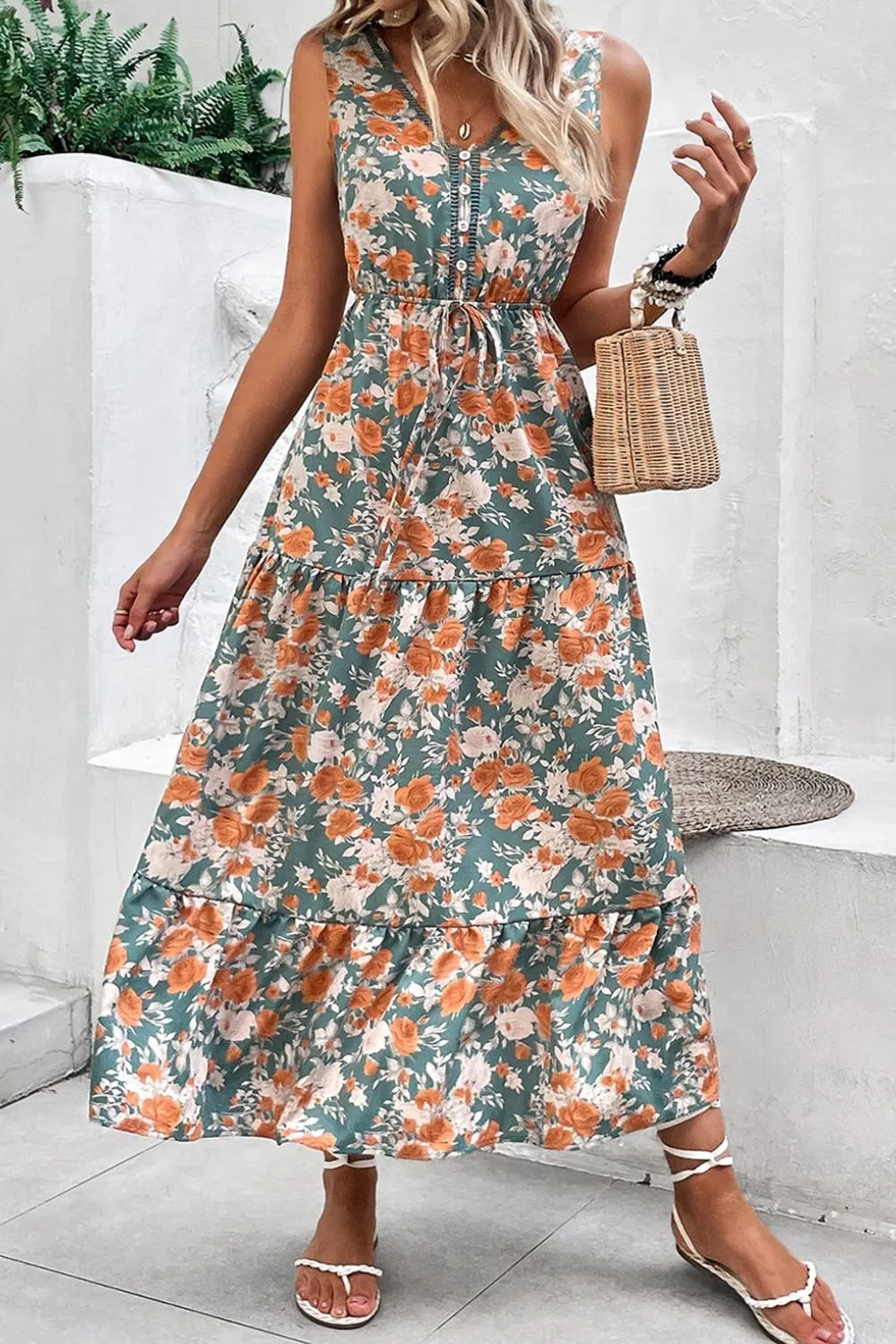 Floral Print Trimmed V Neck Tie Waist Sleeveless Dress - Image 3