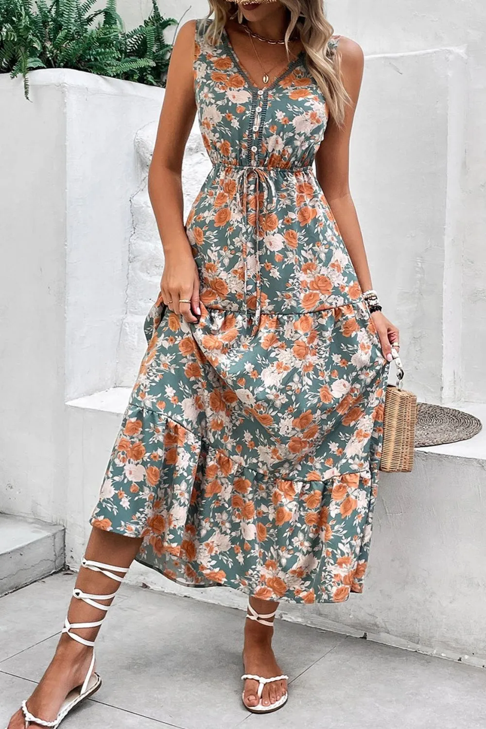 Floral Print Trimmed V Neck Tie Waist Sleeveless Dress - Image 5