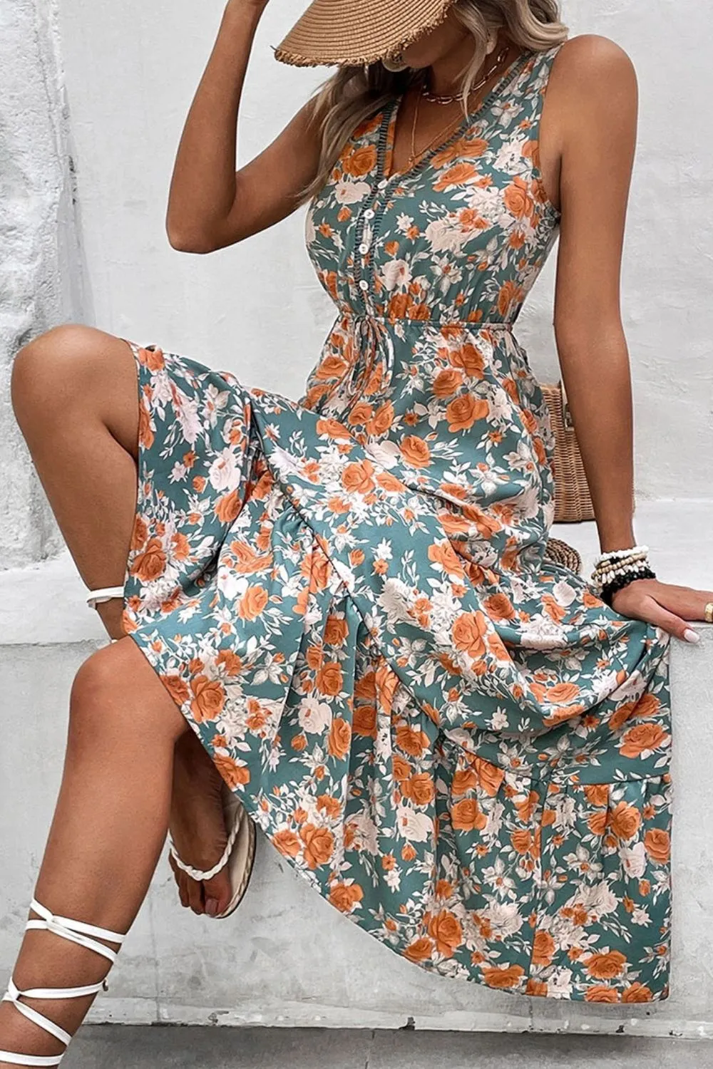 Floral Print Trimmed V Neck Tie Waist Sleeveless Dress - Image 6