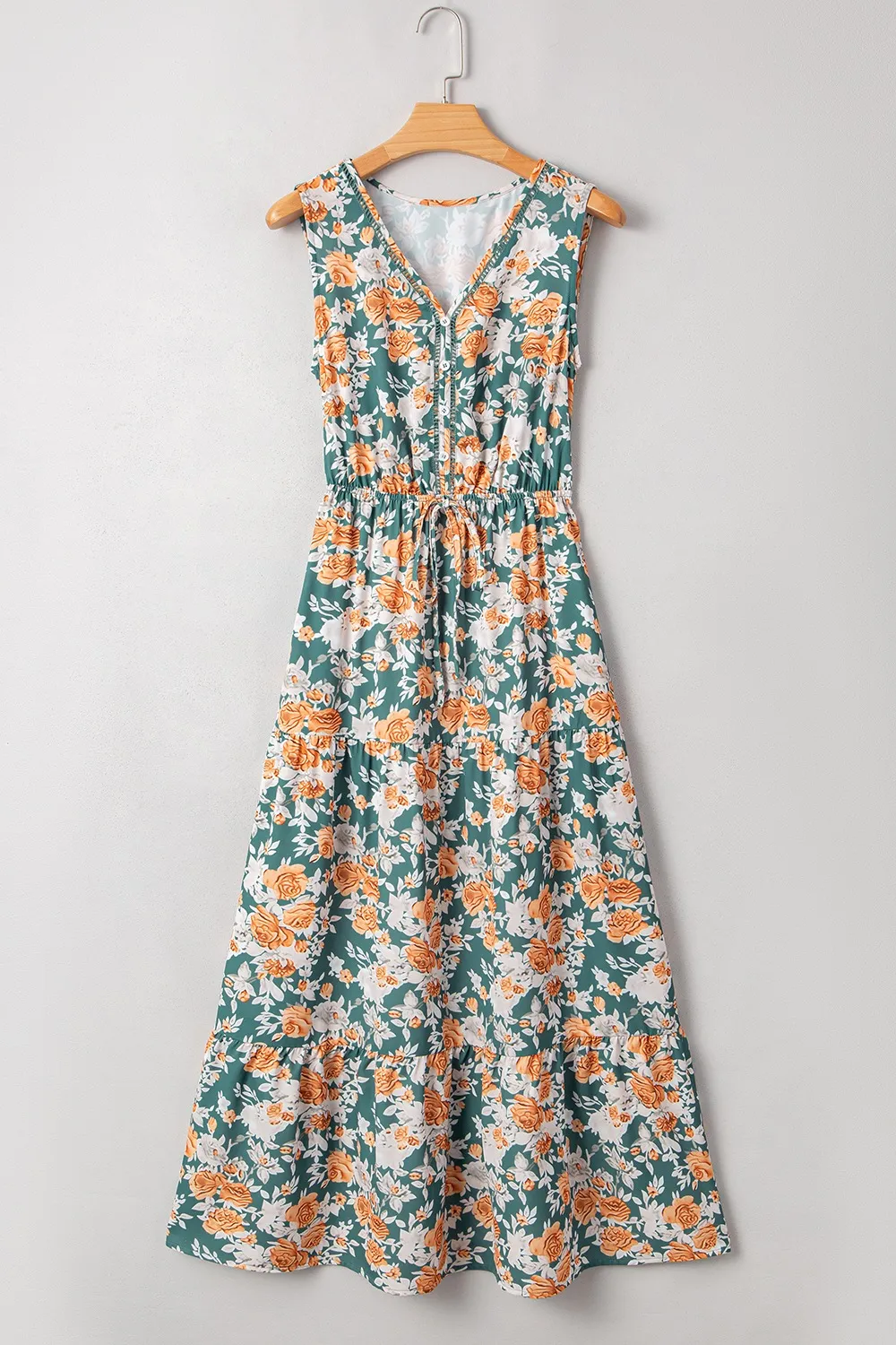 Floral Print Trimmed V Neck Tie Waist Sleeveless Dress - Image 7