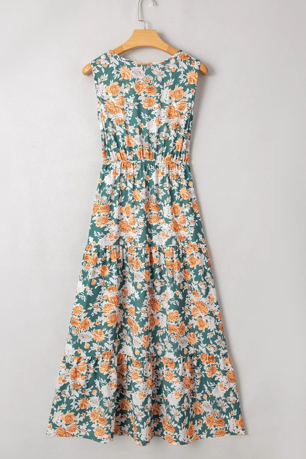 Floral Print Trimmed V Neck Tie Waist Sleeveless Dress - Image 8