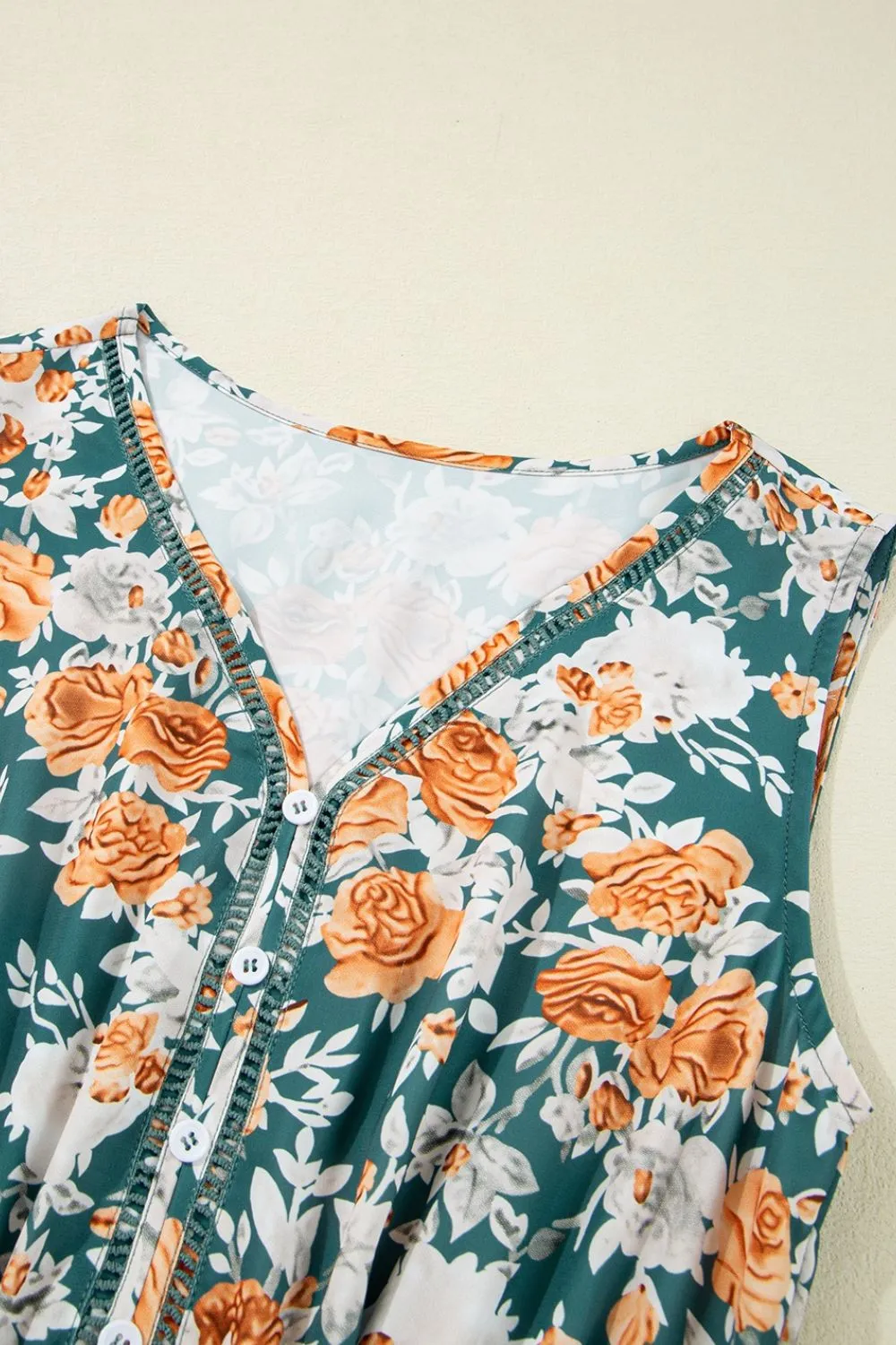 Floral Print Trimmed V Neck Tie Waist Sleeveless Dress - Image 9