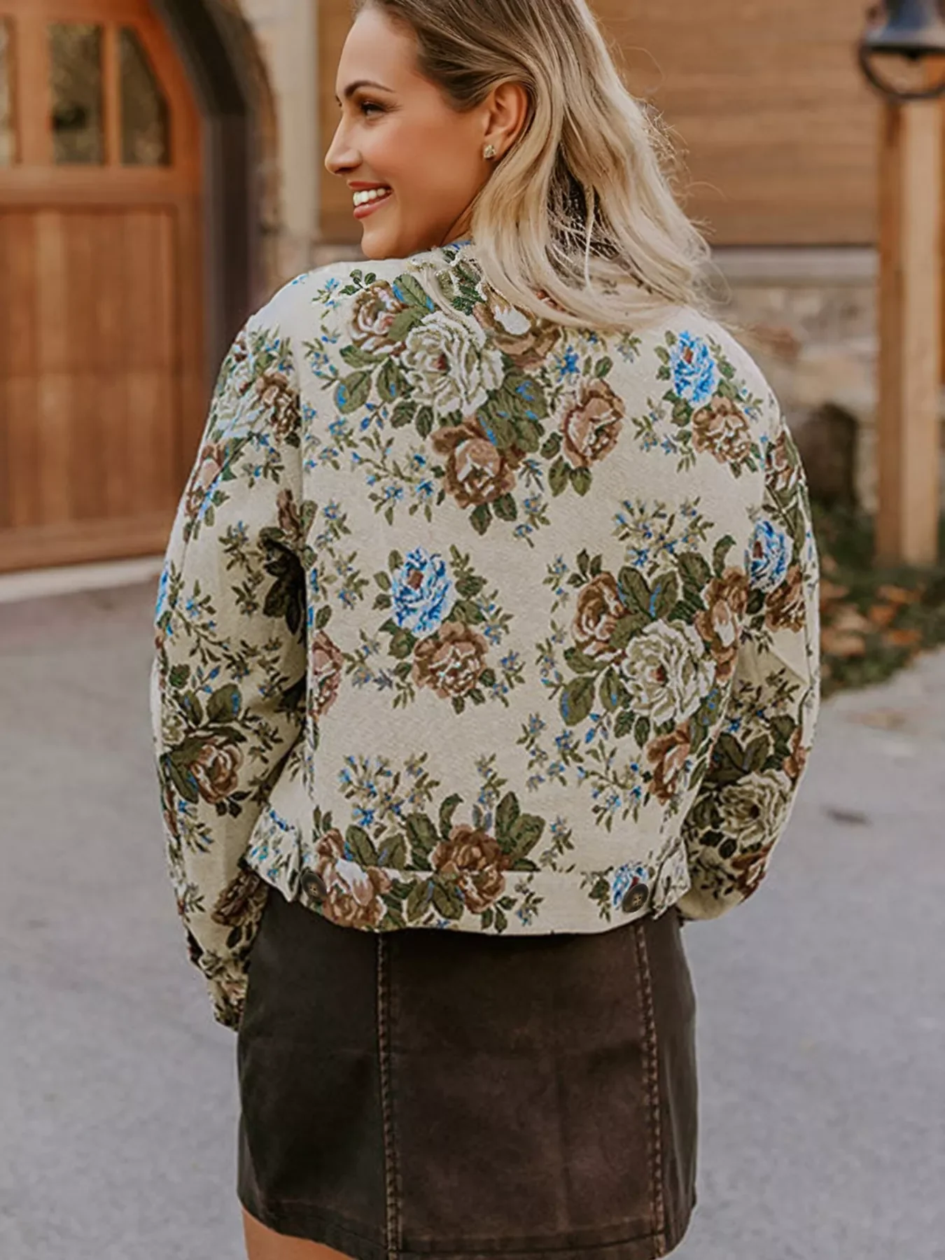 Floral Print Zip Up Contrast Collared Jacket - Image 2