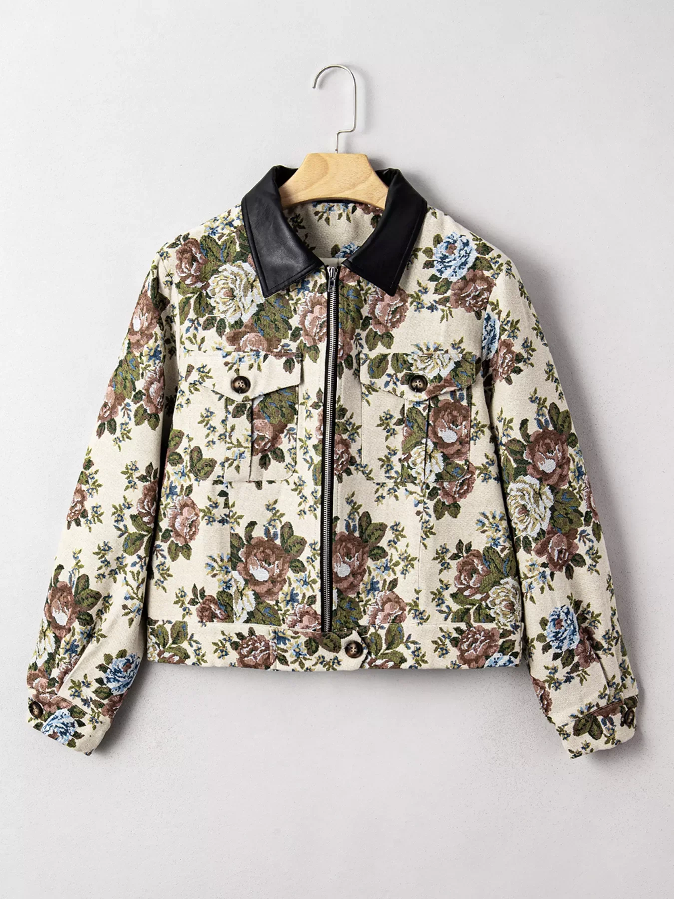 Floral Print Zip Up Contrast Collared Jacket - Image 3