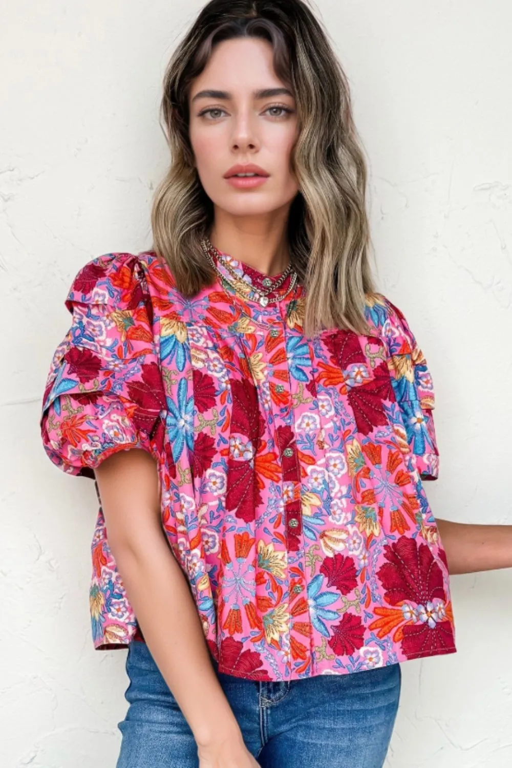Floral Puff Sleeve Button-Up Top - Image 2