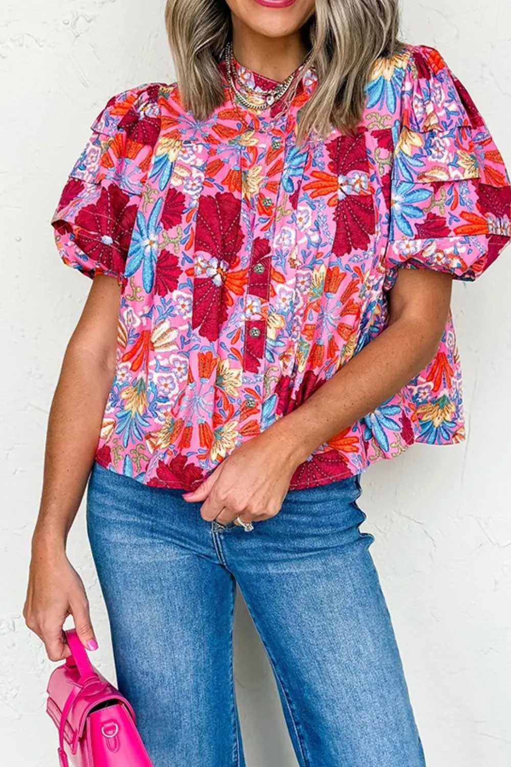 Floral Puff Sleeve Button-Up Top - Image 4