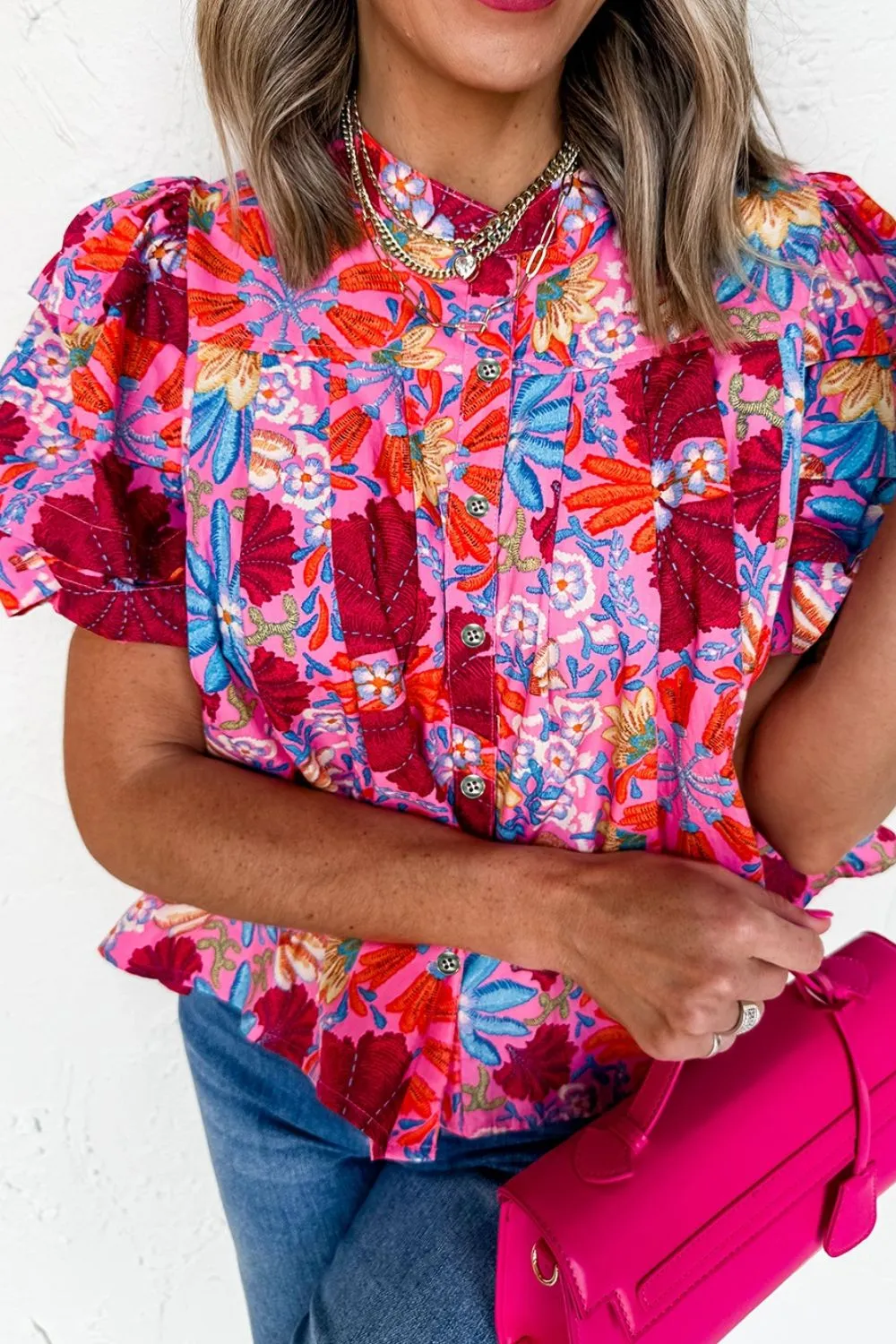 Floral Puff Sleeve Button-Up Top - Image 5