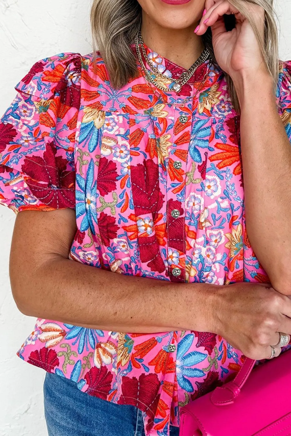 Floral Puff Sleeve Button-Up Top - Image 6