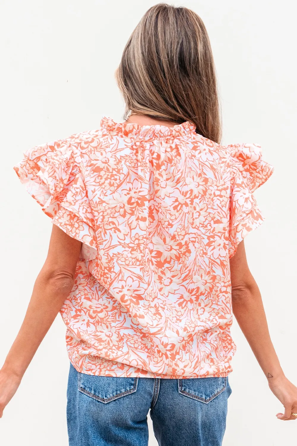 Floral Ruffle Sleeve Split Neck Blouse - Image 2