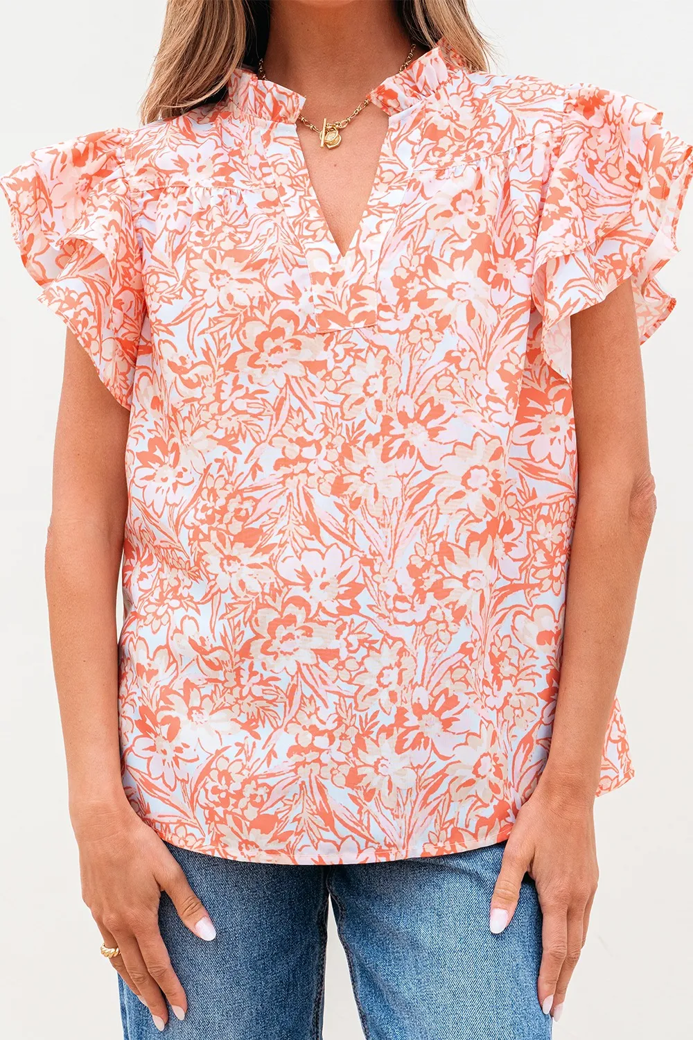 Floral Ruffle Sleeve Split Neck Blouse - Image 3