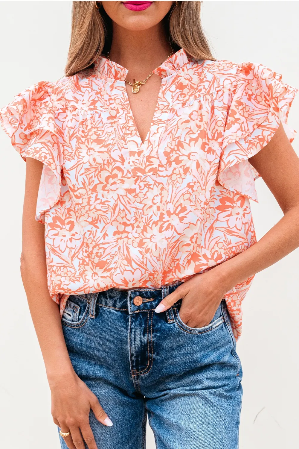 Floral Ruffle Sleeve Split Neck Blouse - Image 4