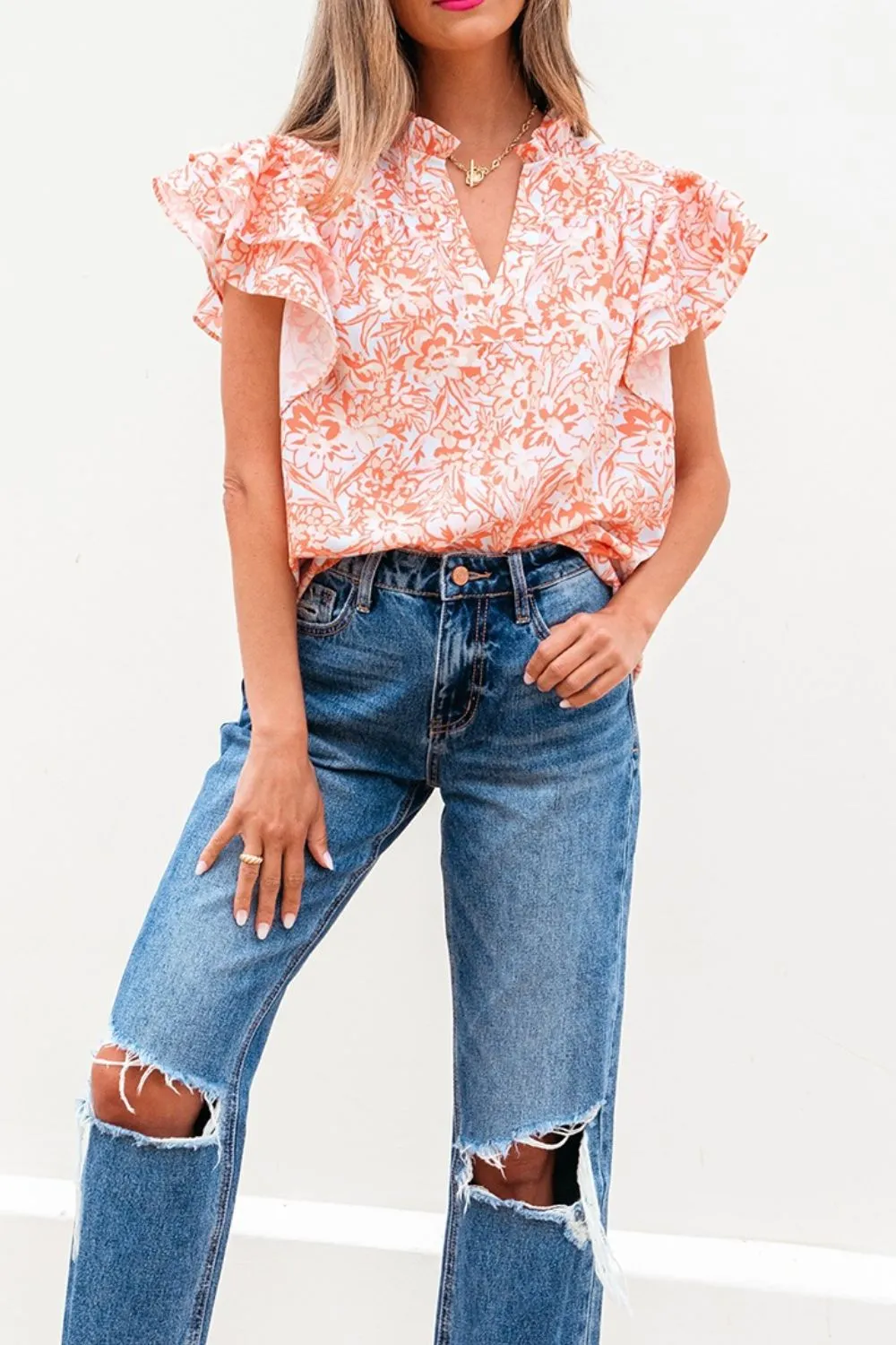 Floral Ruffle Sleeve Split Neck Blouse - Image 5