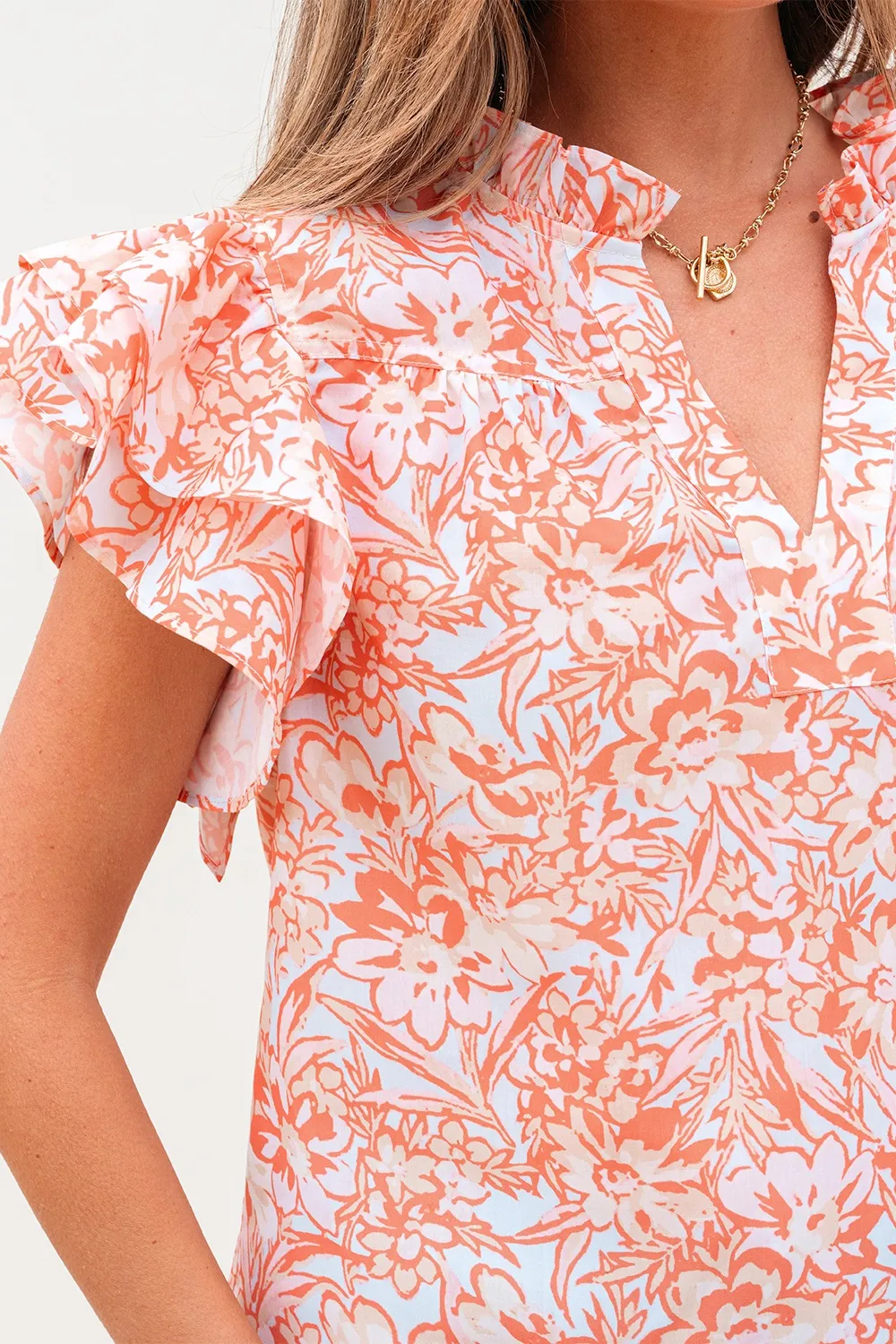 Floral Ruffle Sleeve Split Neck Blouse - Image 6