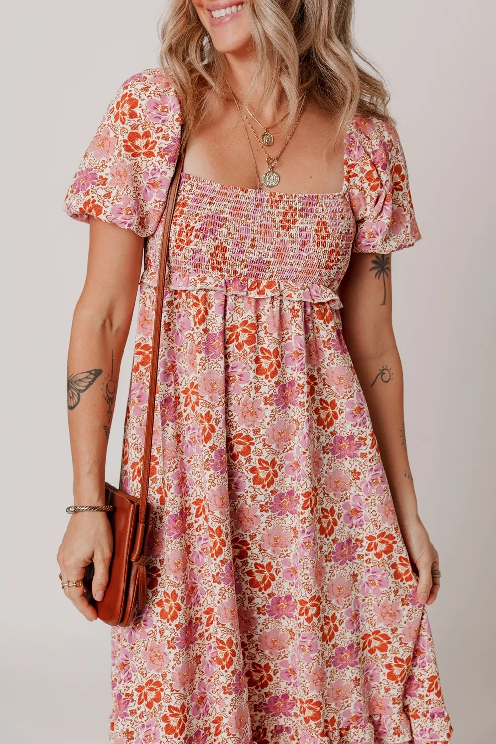 Floral Square Neck Knotted Ruffle Midi Dress - Image 4