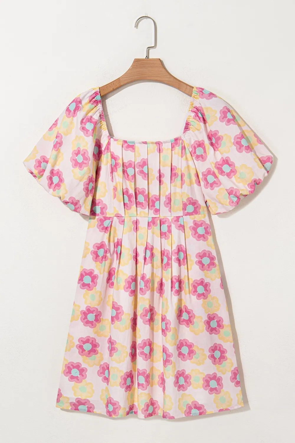 Floral Square Neck Puff Sleeve Pleated Flared Midi Dress - Image 10