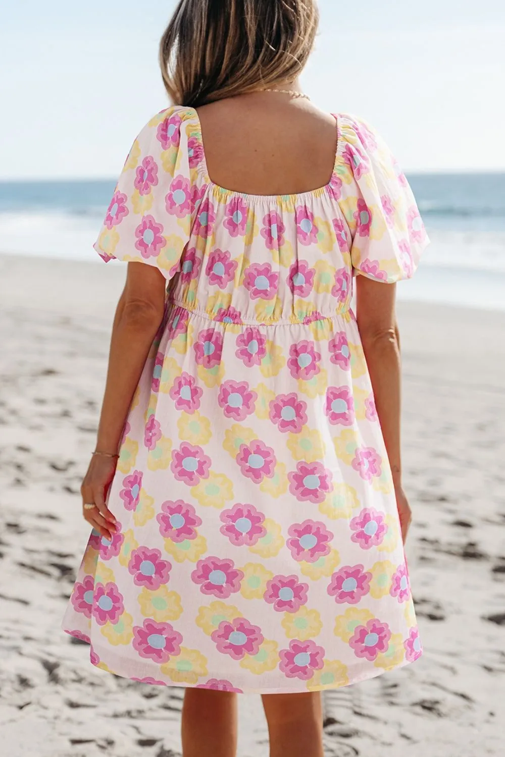Floral Square Neck Puff Sleeve Pleated Flared Midi Dress - Image 2