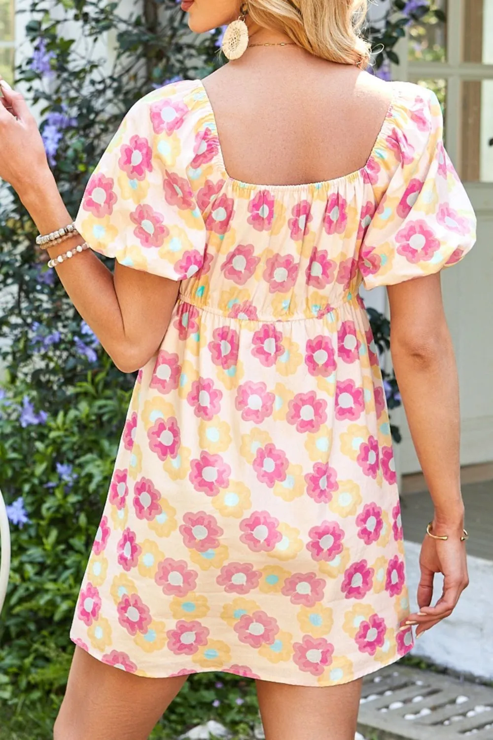 Floral Square Neck Puff Sleeve Pleated Flared Midi Dress - Image 4