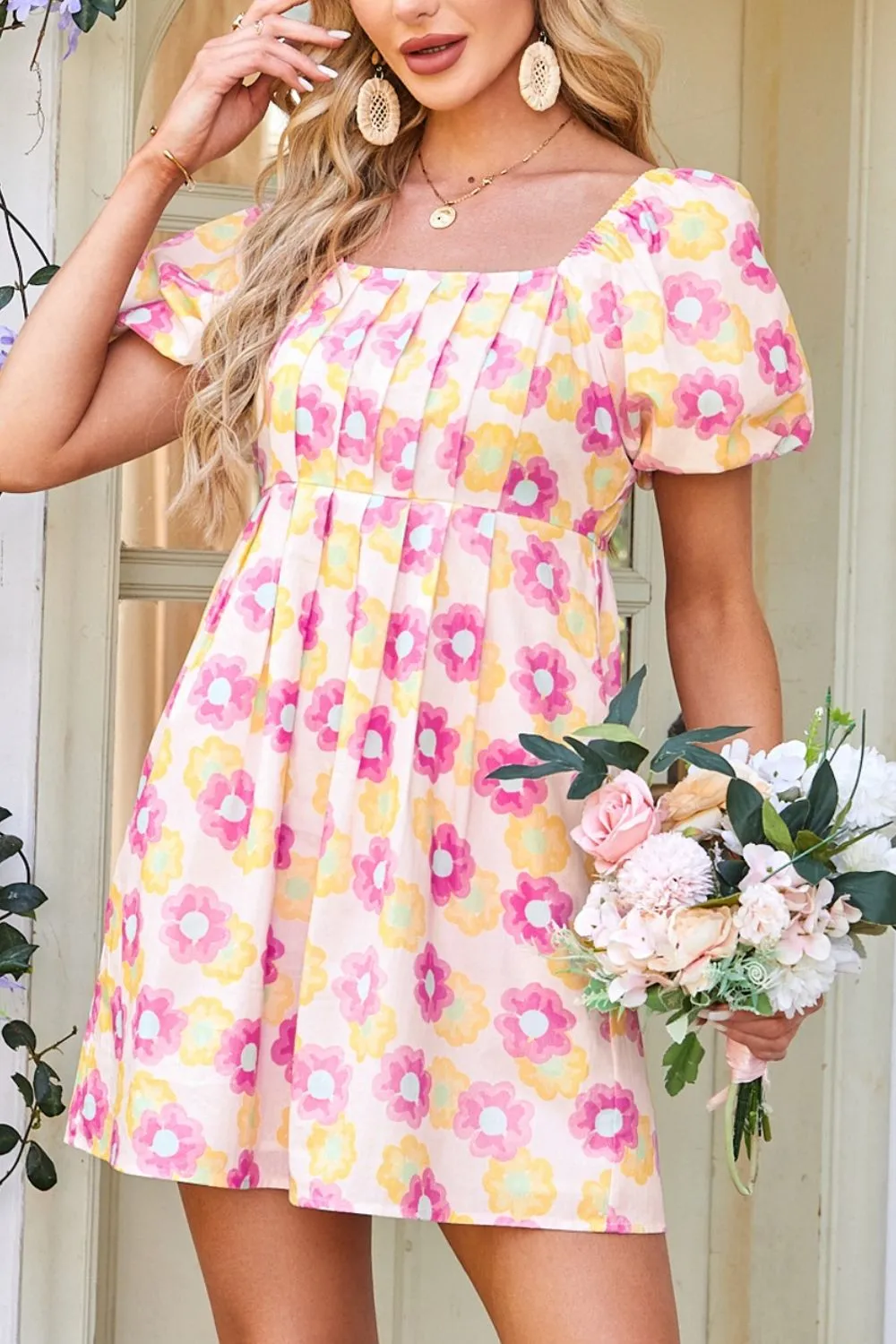 Floral Square Neck Puff Sleeve Pleated Flared Midi Dress - Image 9