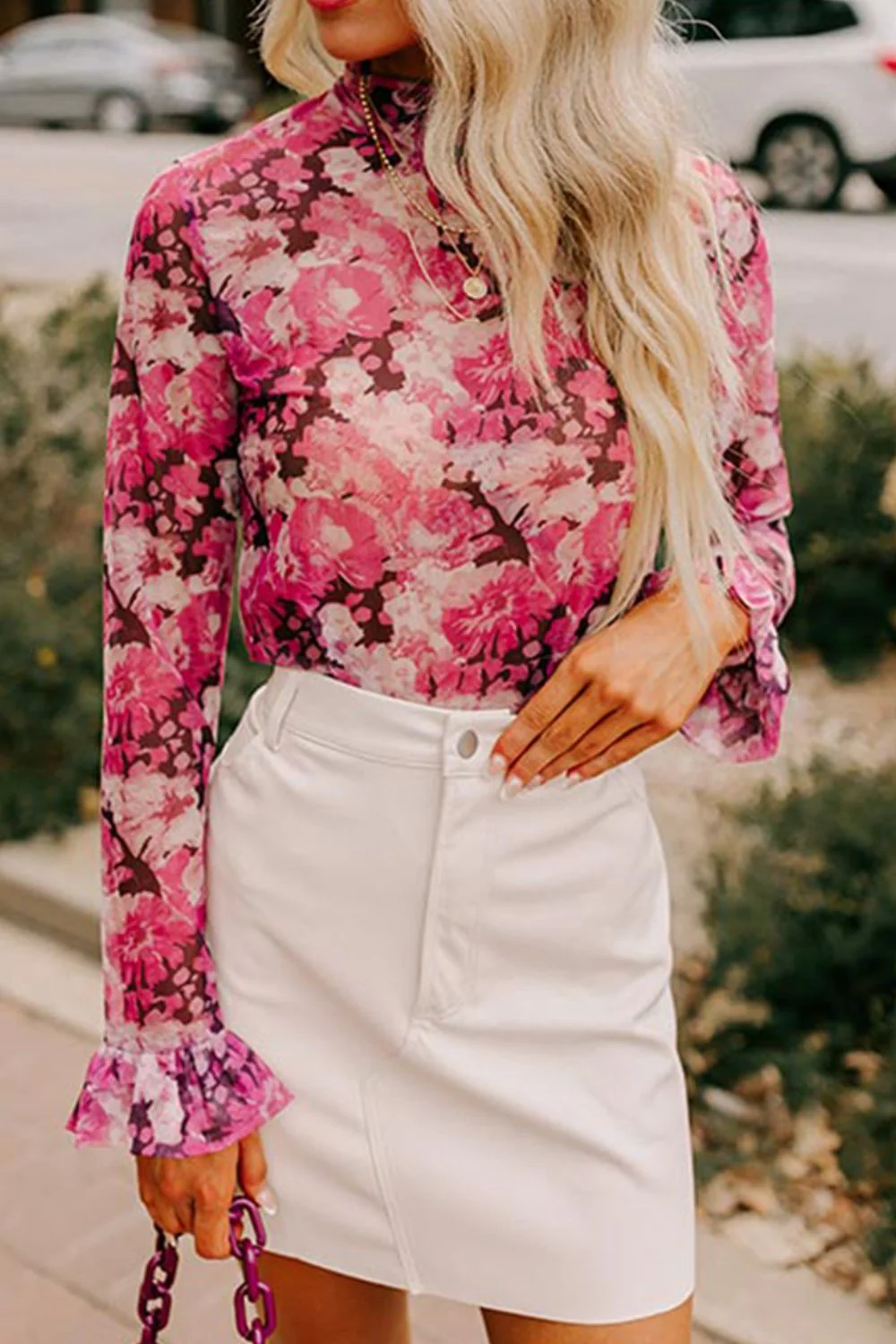 Floral Turtleneck Flounce Sleeve Blouse - Image 2