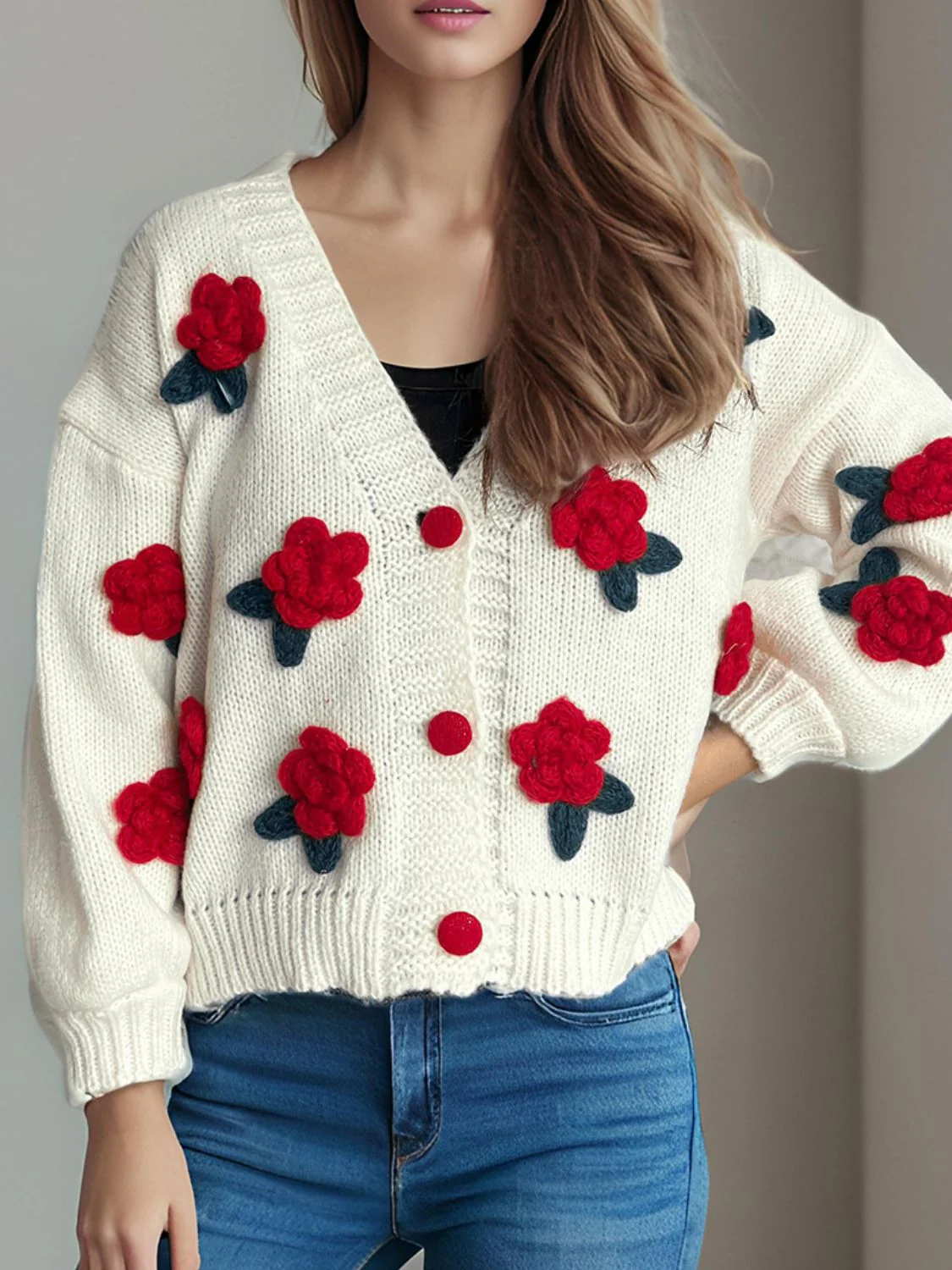 Flower Button Down V-Neck Long Sleeve Cardigan - Image 4