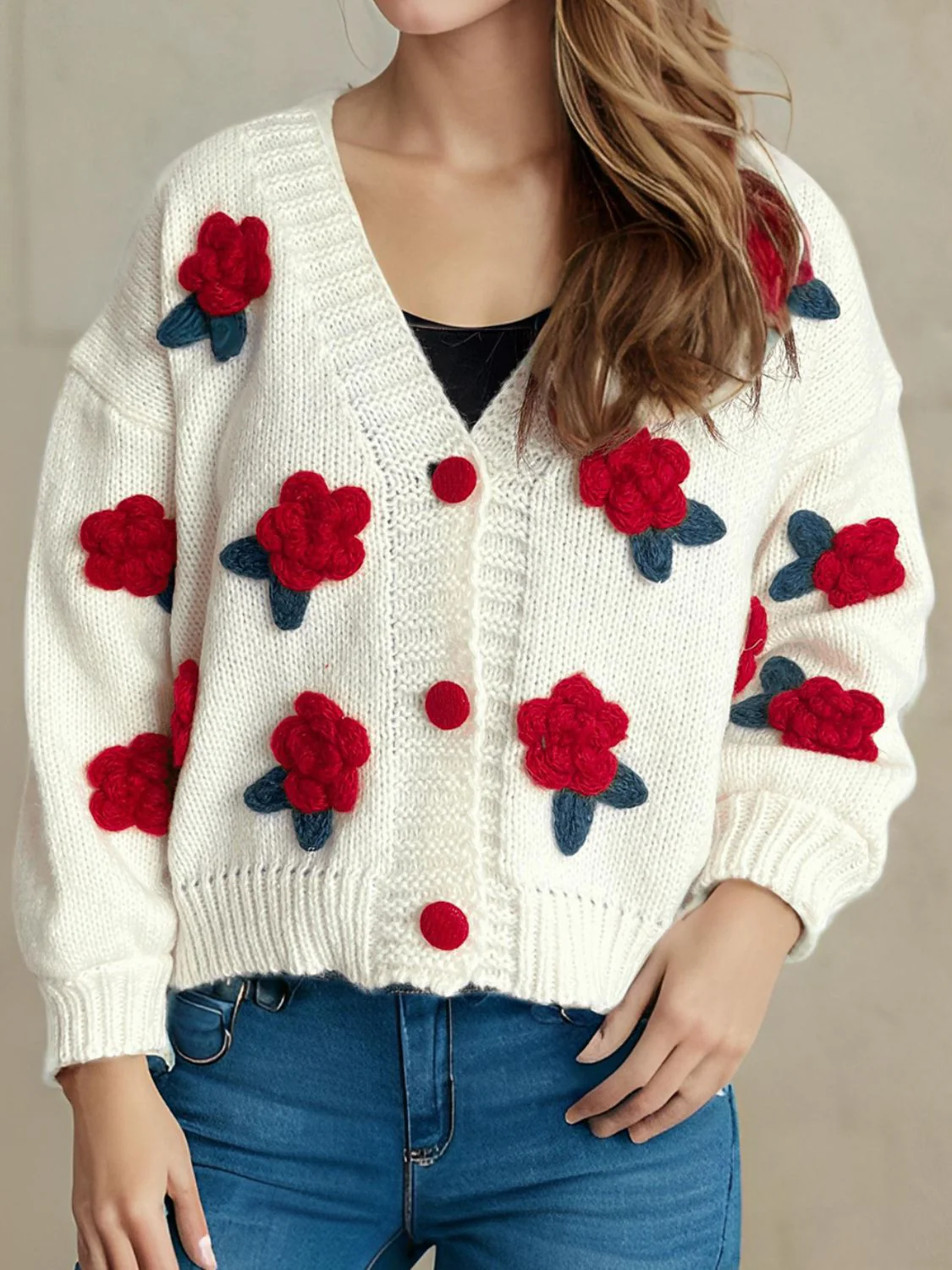 Flower Button Down V-Neck Long Sleeve Cardigan - Image 5