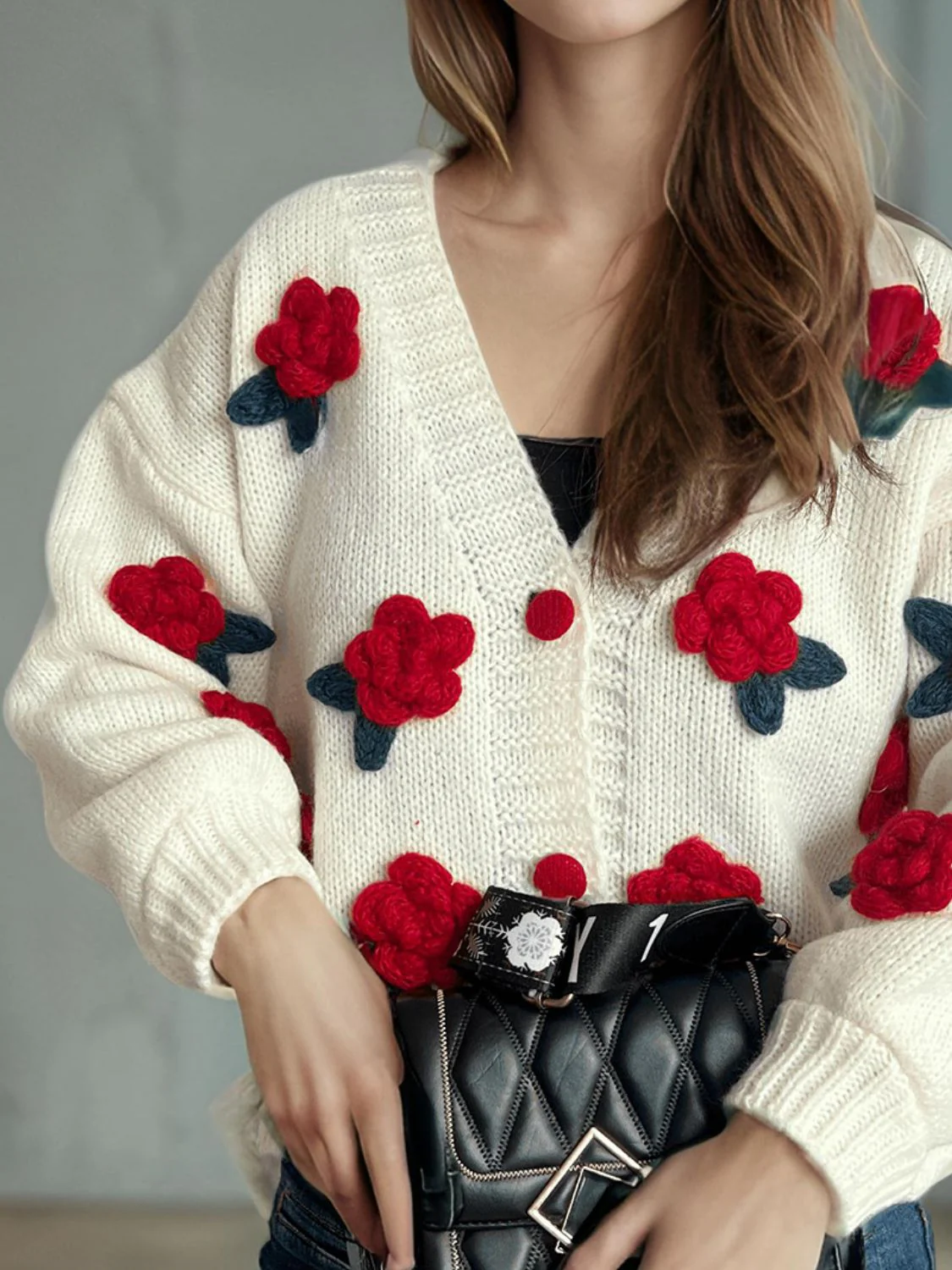 Flower Button Down V-Neck Long Sleeve Cardigan - Image 7