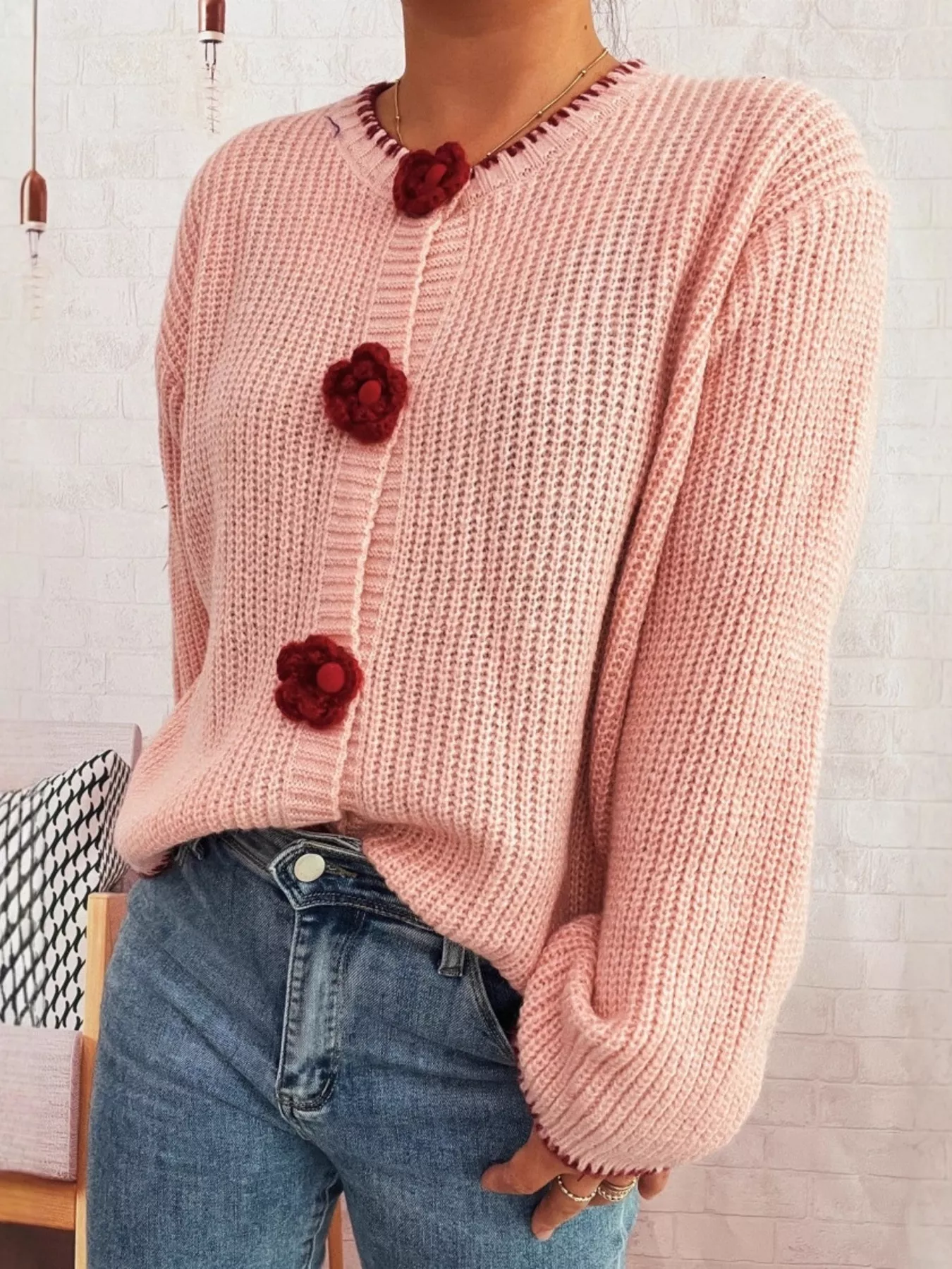 Flower Button Long Sleeve Cardigan - Image 2