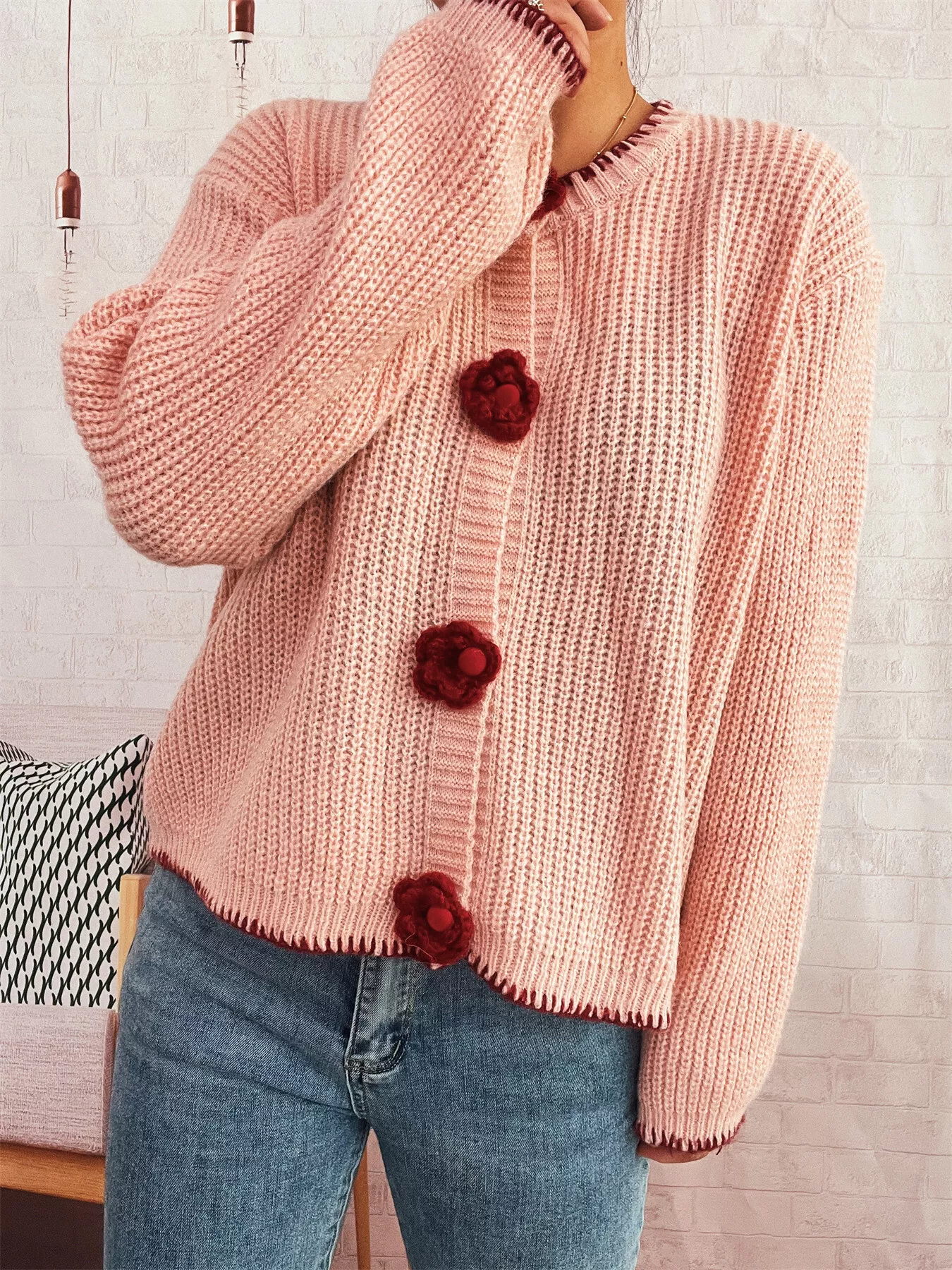Flower Button Long Sleeve Cardigan - Image 3